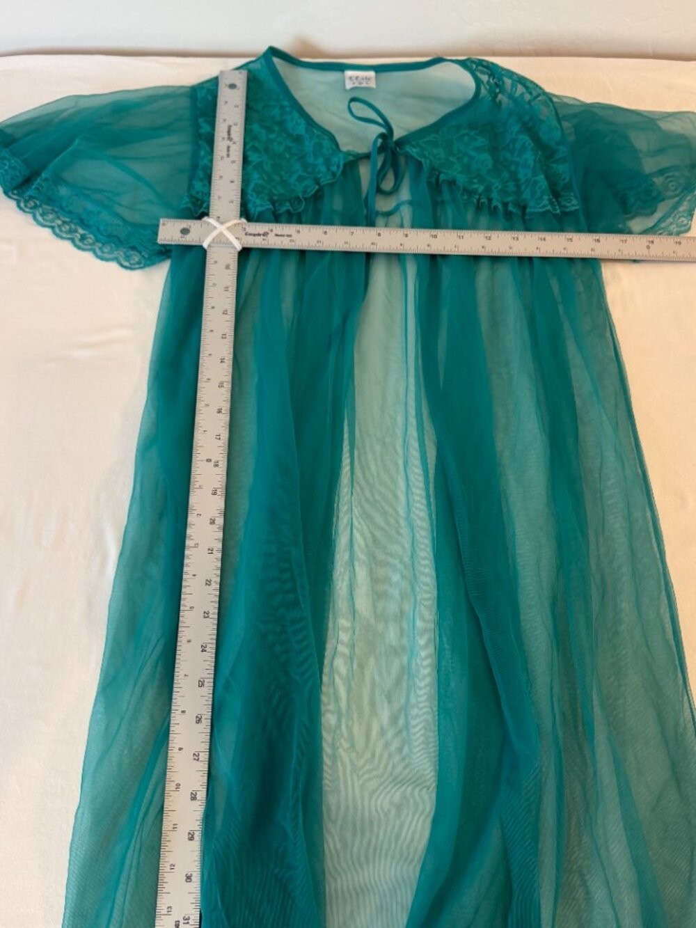 Vintage Elsie of Miami Aqua Sheer Lace Peignoir Robe Nylon Tie Front Small USA
