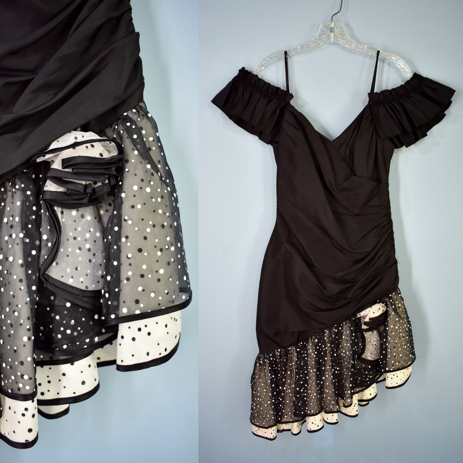 VTG 80’s NEW LEAF Asymmetrical Polka Dot Ruffle Off Shoulder Party Dress Small