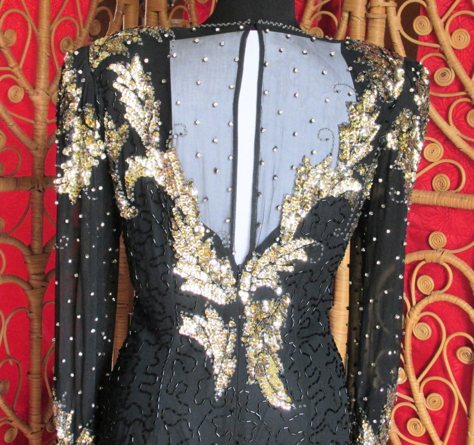Niteline Black Silk Dress Silver & Gold Sequins Rhinestone Stud Sheer Neck SZ 4