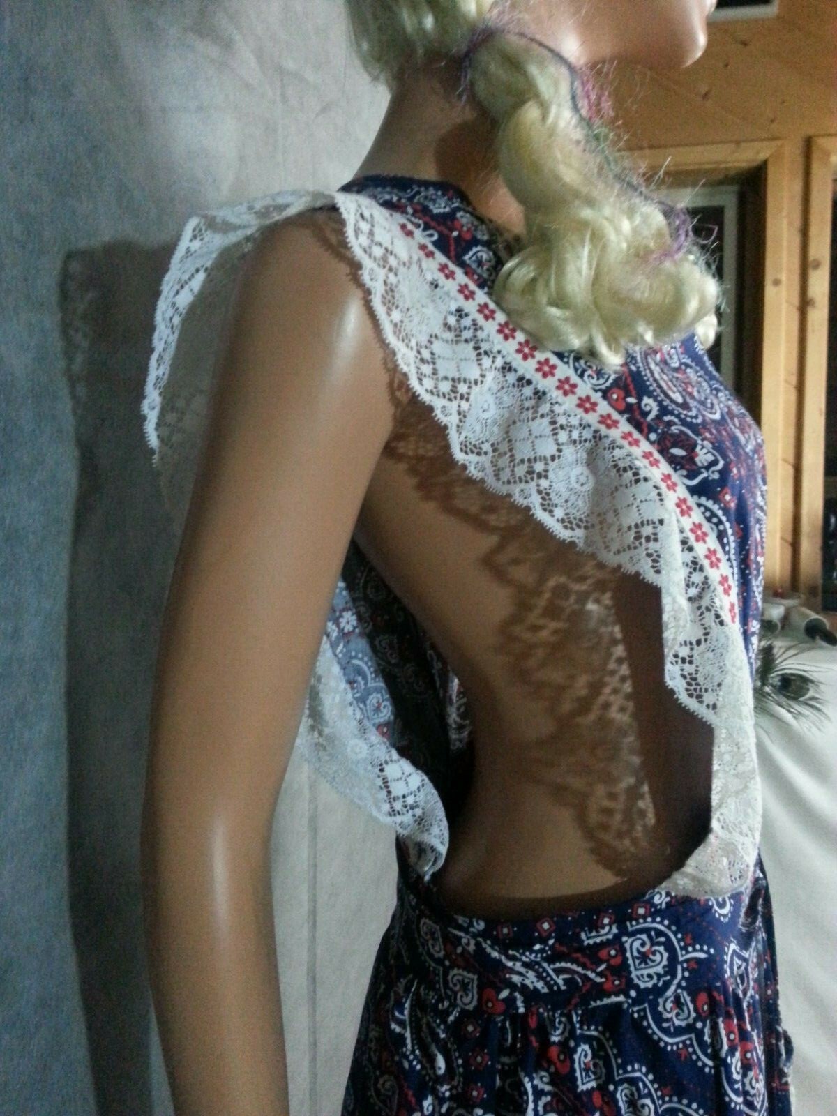 Vtg 70s Maxi Wrap Dress Apron Bib Red White Blue Floral Paisley Lace Free Reg