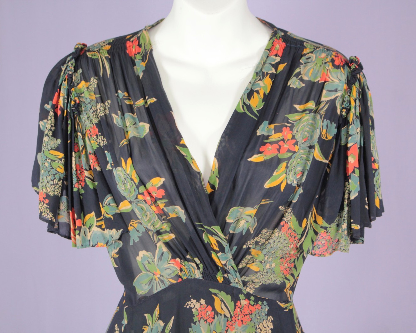 VTG Women’s 30s 40s Navy Floral Drape Front Sheer Maxi Dress / Robe XS/S 1930s