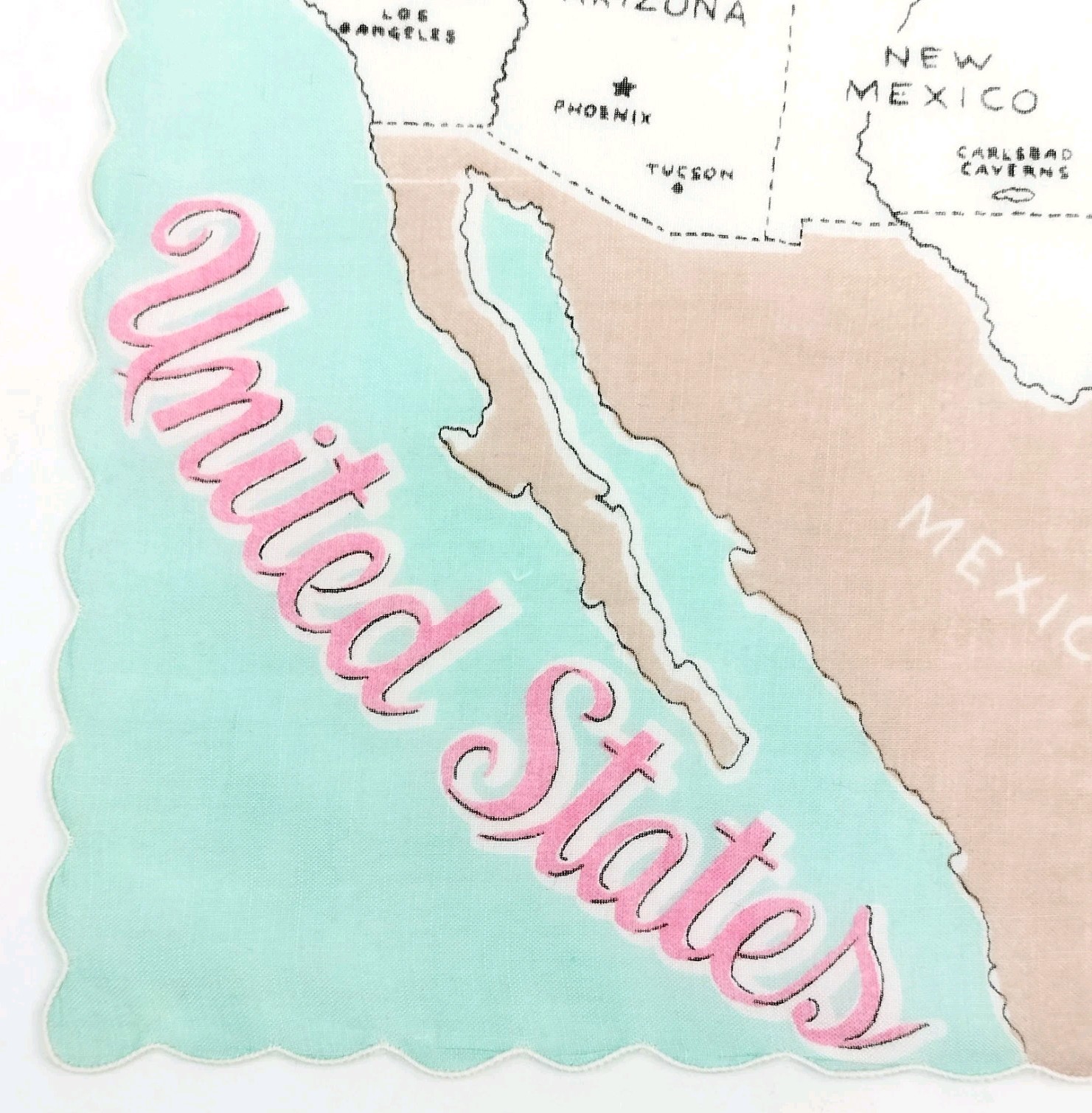 Vtg 50s Franshaw United States Map 48 States Hankie Travel Souvenir Blue Pink
