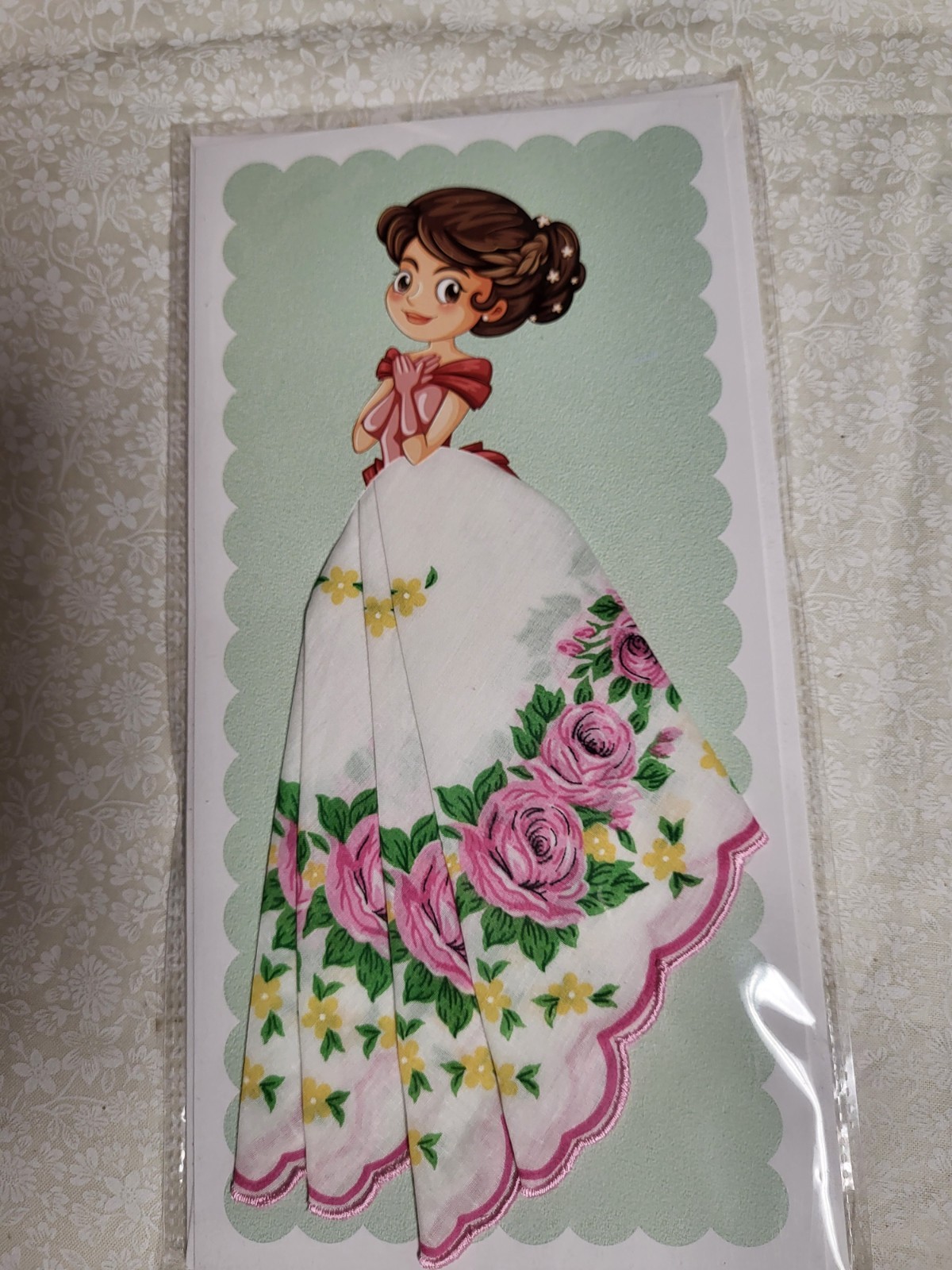 Retro hanky handerchief card; retro, full skirt, any occasion card; pink