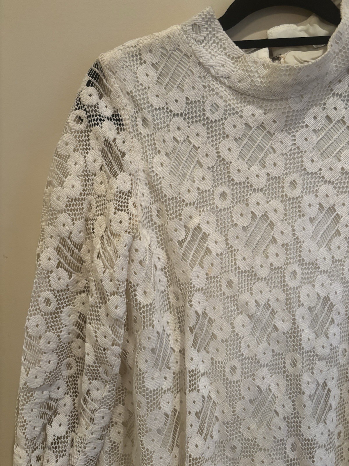 Vintage Late-1960s Off-White Lace Mock Neck Dress