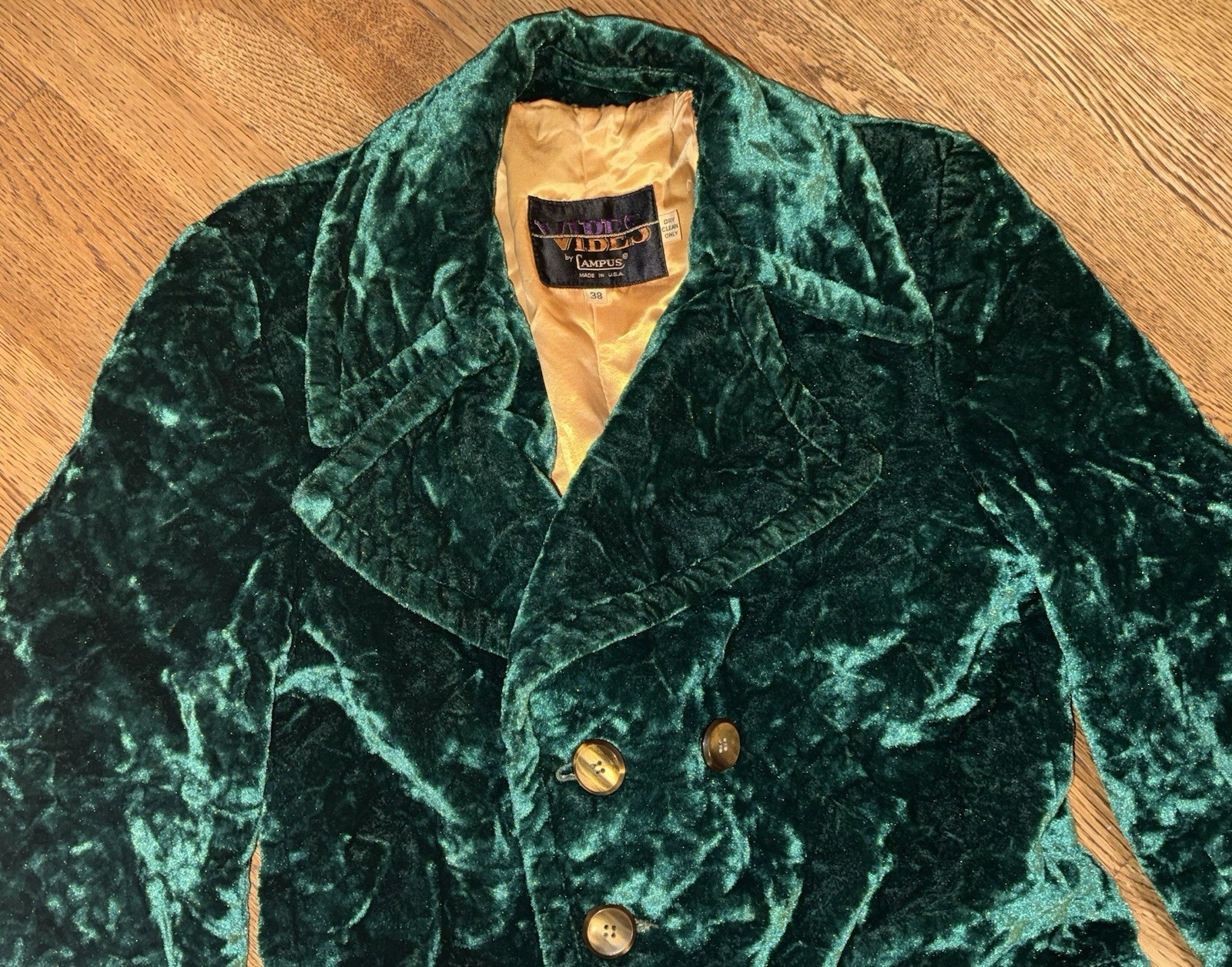 Green Crushed Velvet 70s Double Breasted Vintage Coat By VIBES by CAMPUS