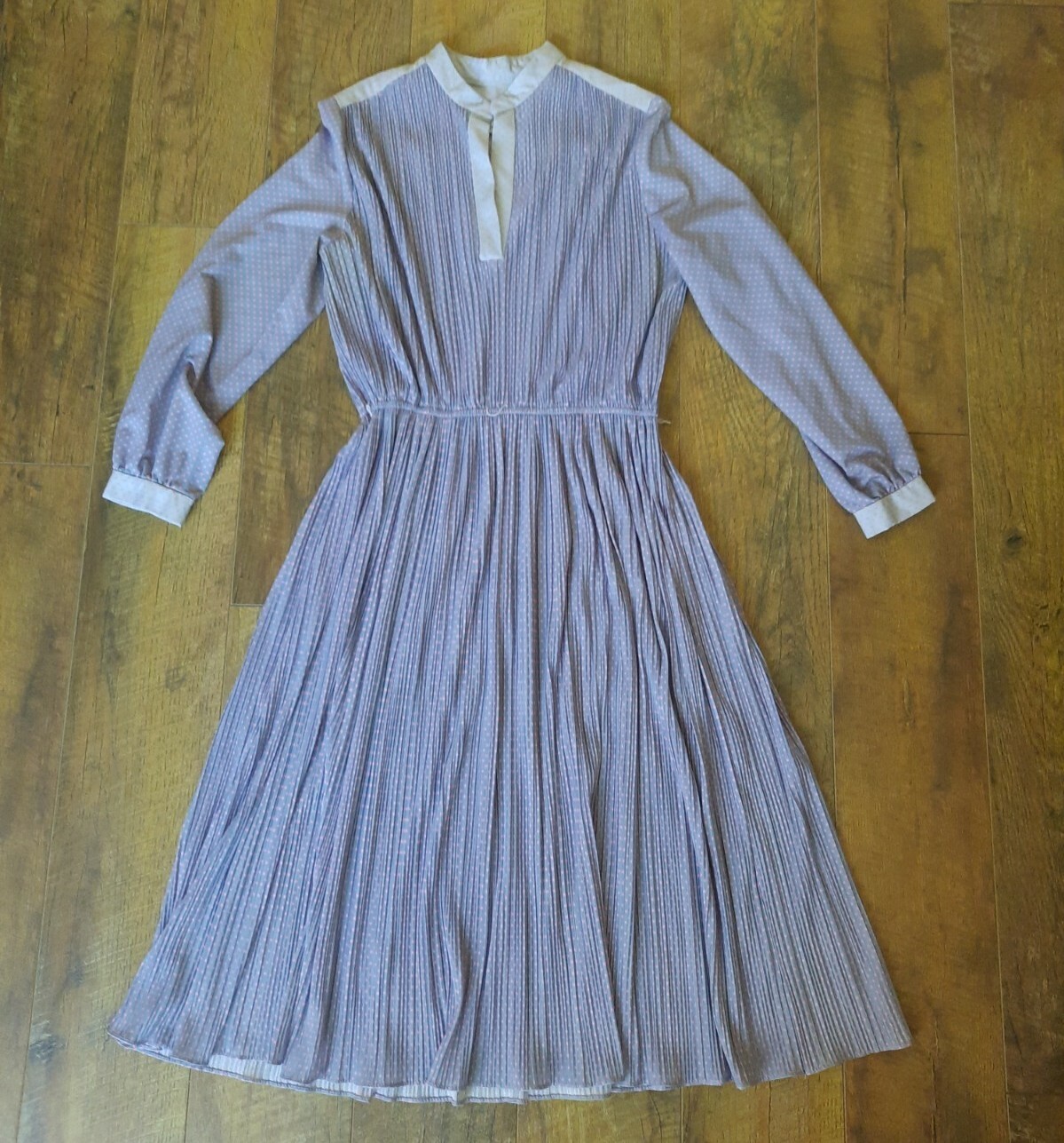 VTG Hal Ferman Midi Dress Women Size M Long Sleeve Gray Pink Polka Dots Pleated