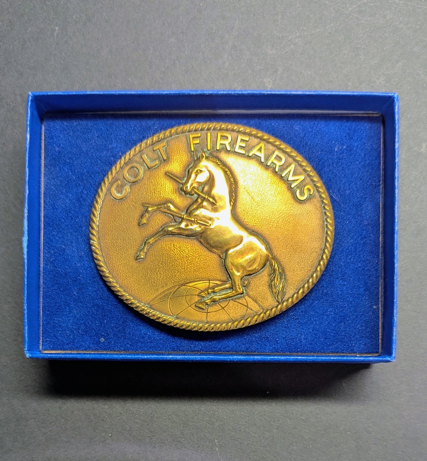 Vintage Official Colt Firearms Brass Belt Buckle Sam Colt 2nd Edition w/ box