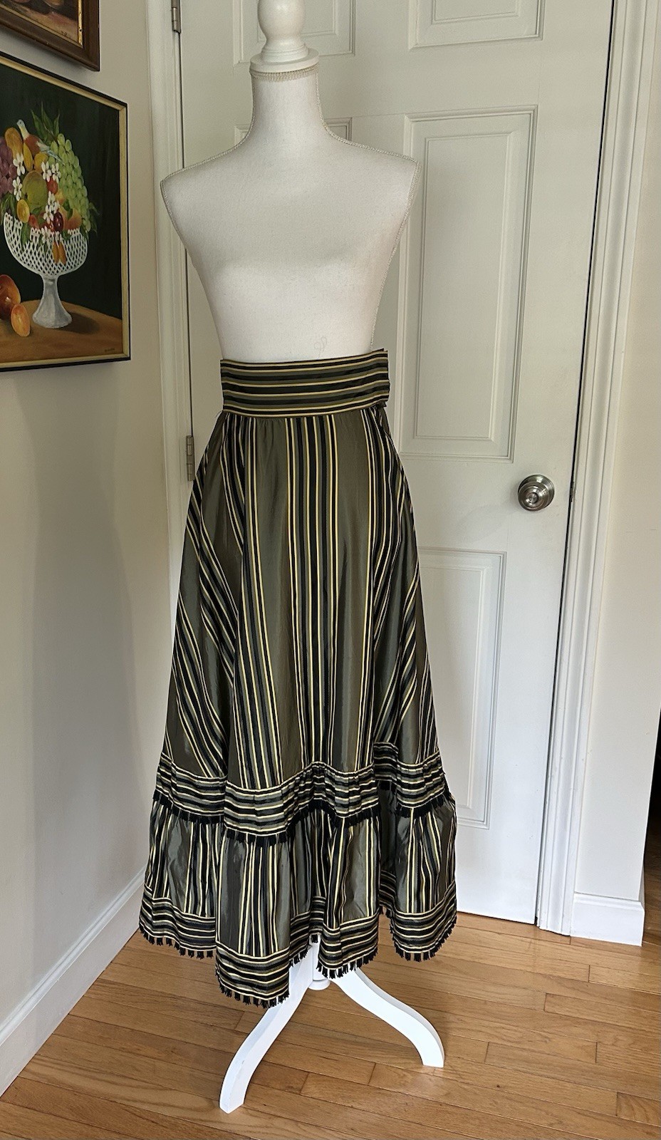 Vintage Taffeta Maxi Skirt With Fringe Size XS Custom Made Gorgeous!