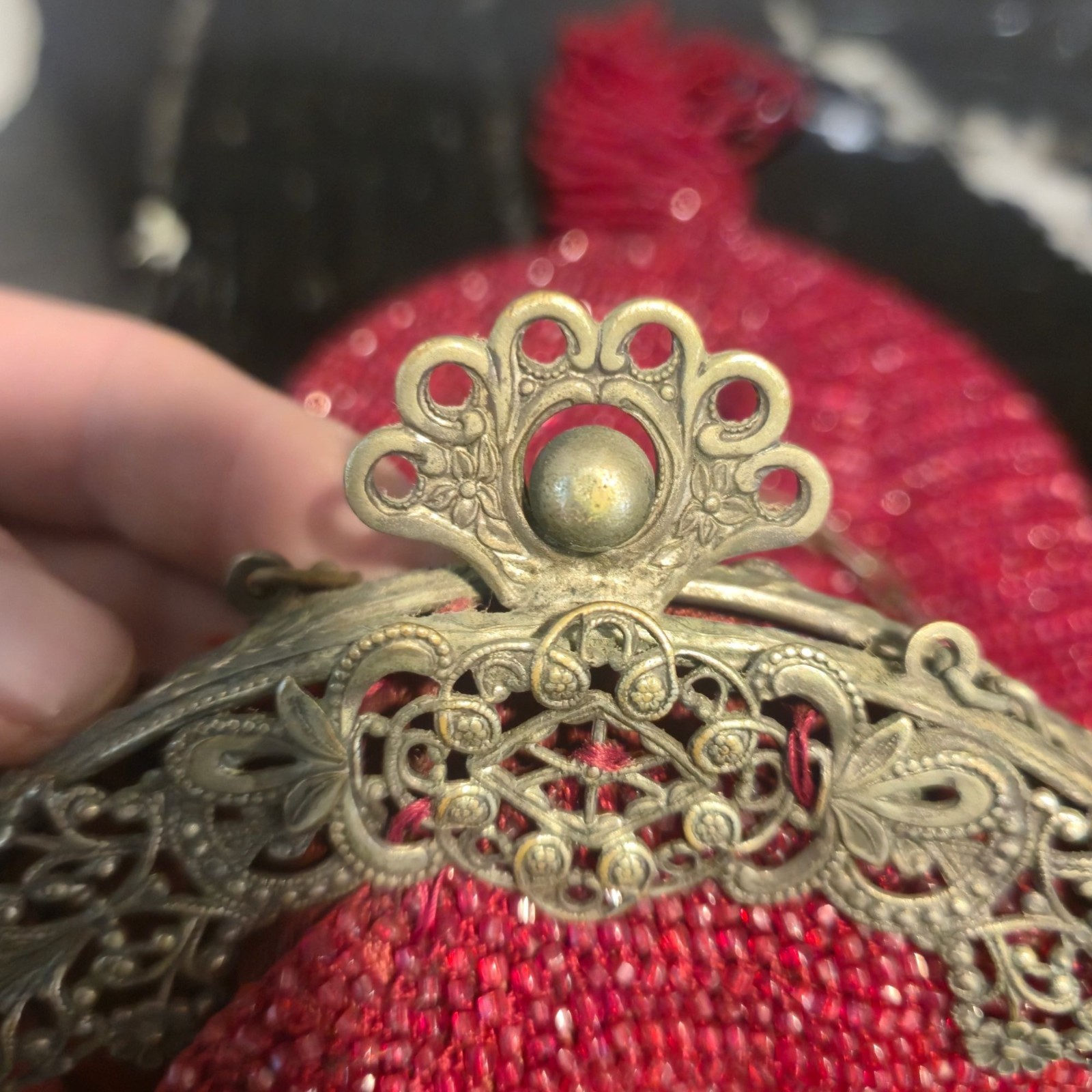 Antique Red Beaded Pouch Purse Ornate Brass Filigree Kiss Lock Reticule Tassel B
