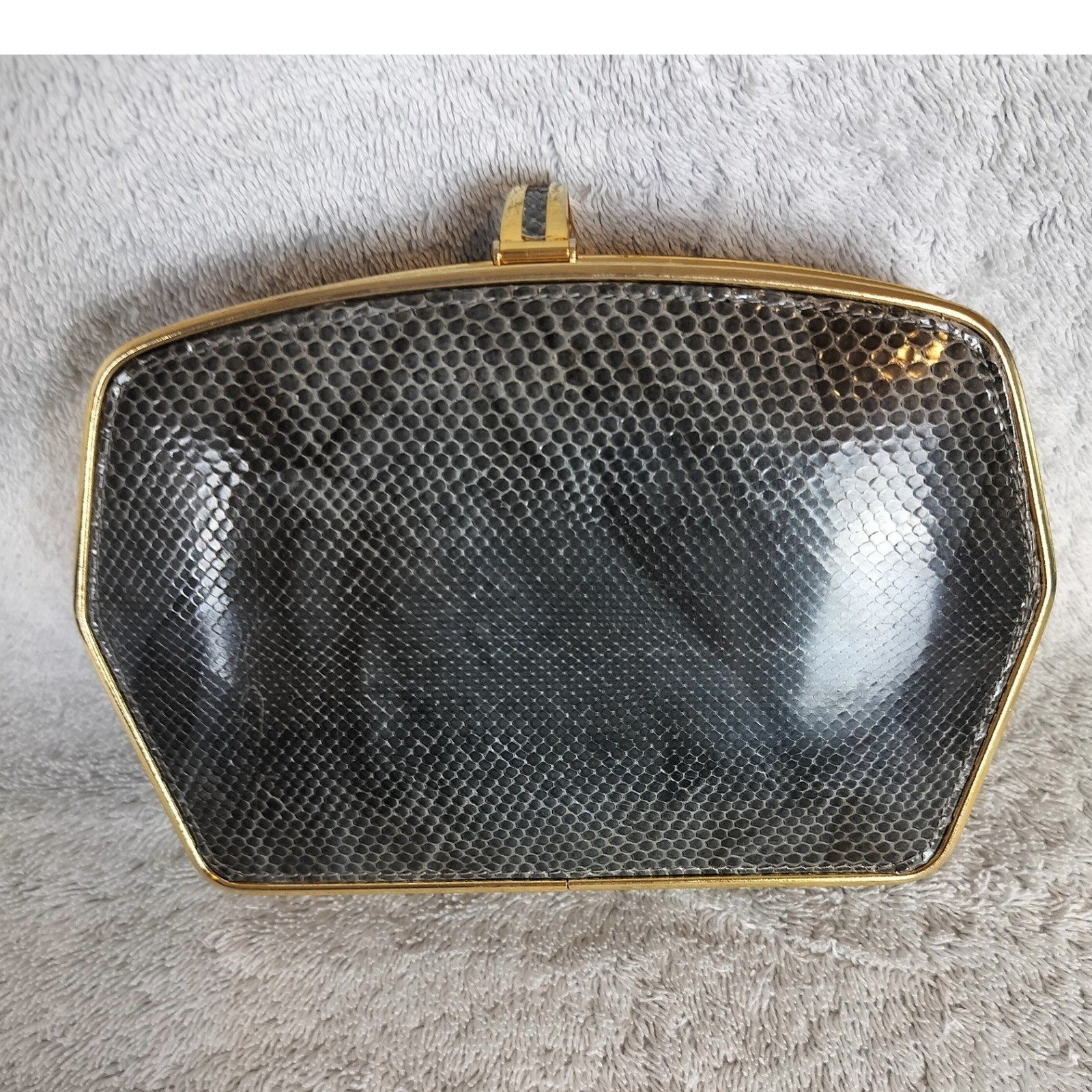 Vintage Snakeskin Hard Shell Box Clutch Women Grey Gold Frame Evening Bag