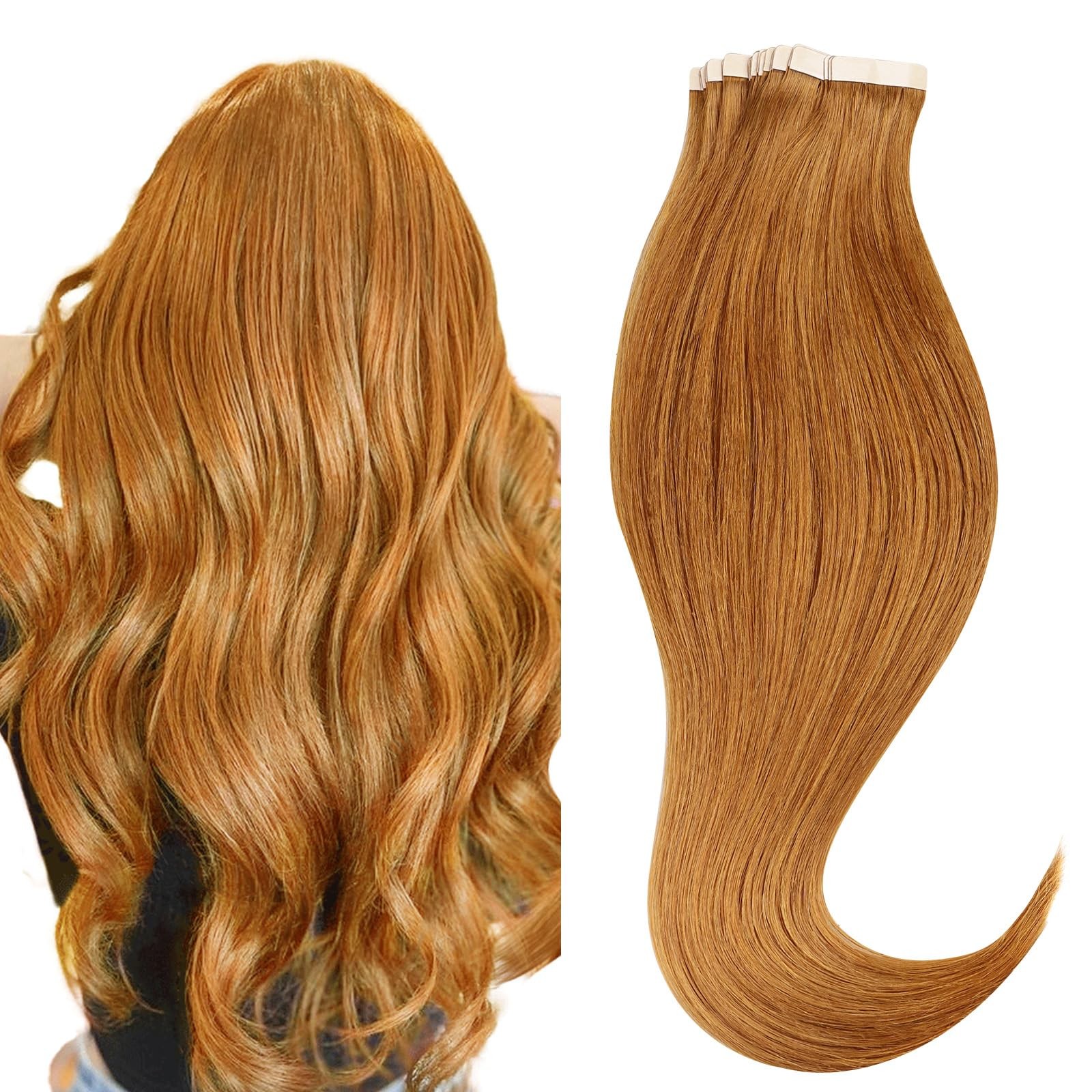 HOTBANANA 18″ Tape-in Hair Extensions 20pcs 50g Auburn Ginger Straight Remy