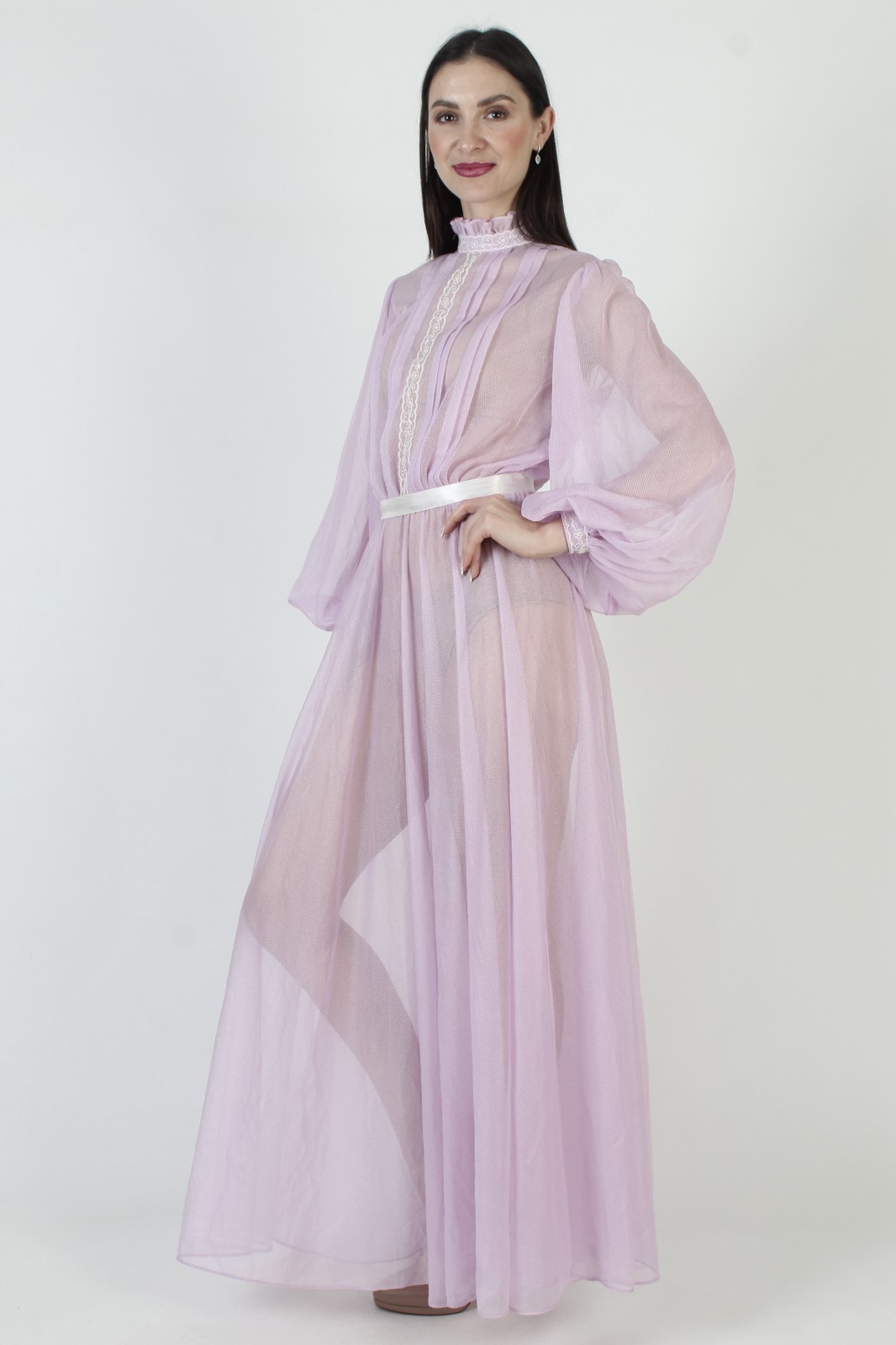 Vtg Sheer Purple Dress Sexy See Through Poet Bell Slv Bridesmaid Victorian Gown