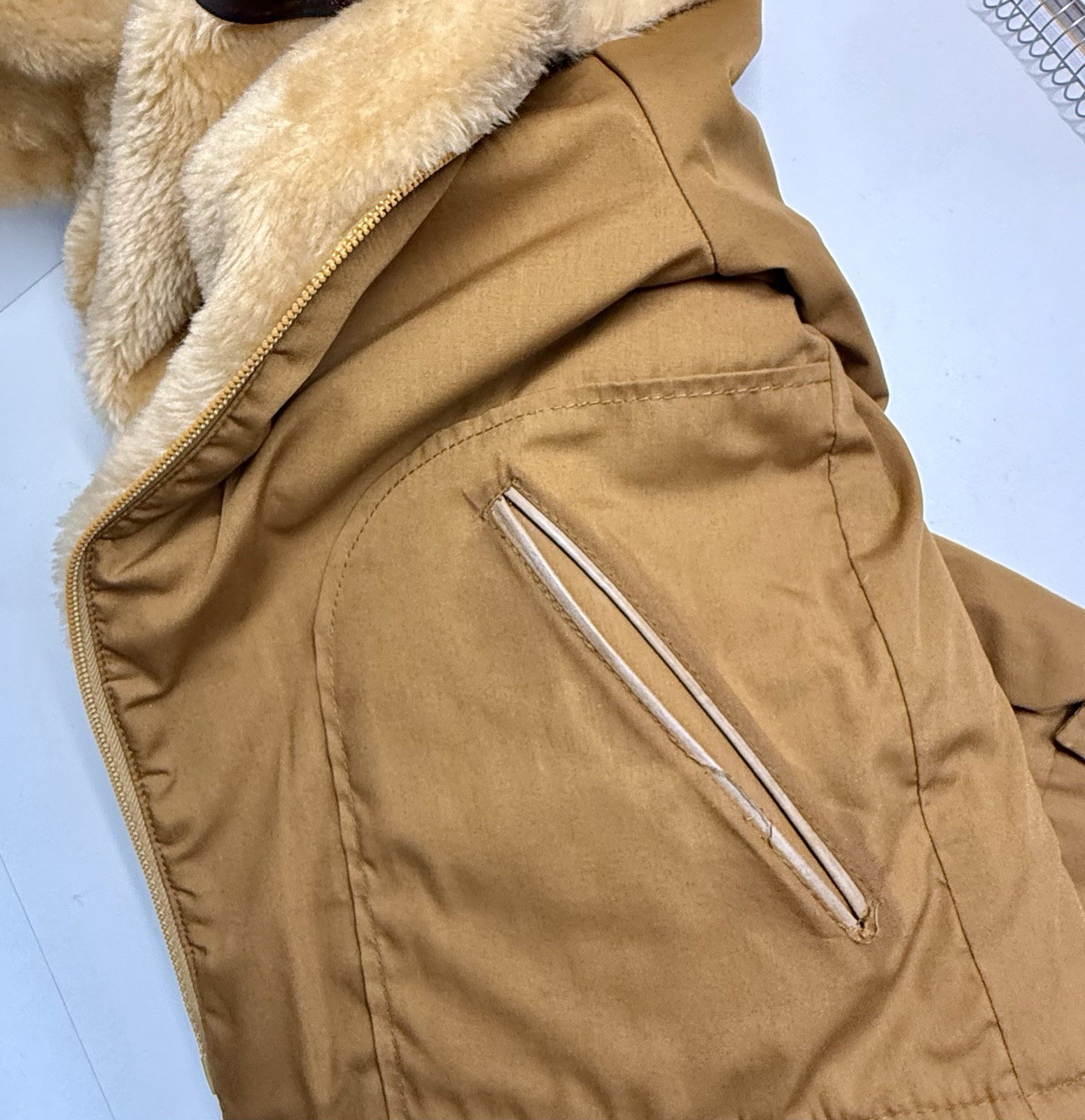 Vtg Niagara Tan Polyester/Cotton Bomber Jacket Faux Fur Sherpa Lined Men’s 46