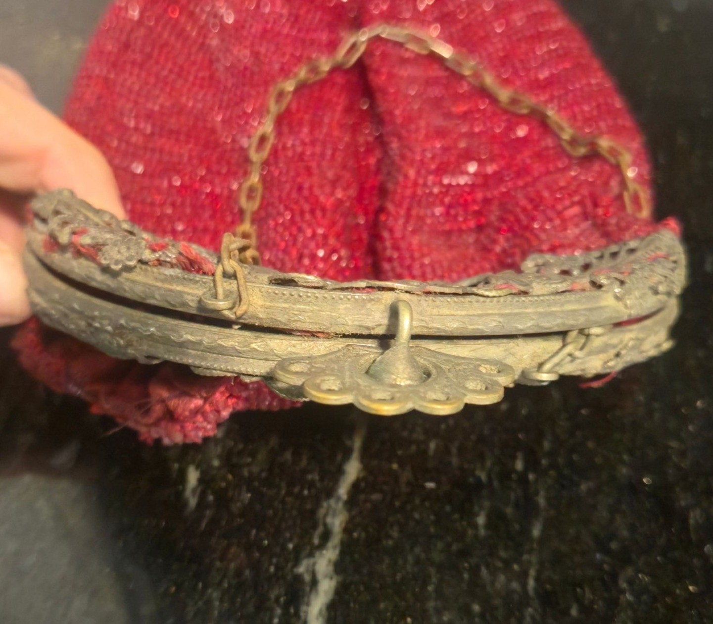 Antique Red Beaded Pouch Purse Ornate Brass Filigree Kiss Lock Reticule Tassel B