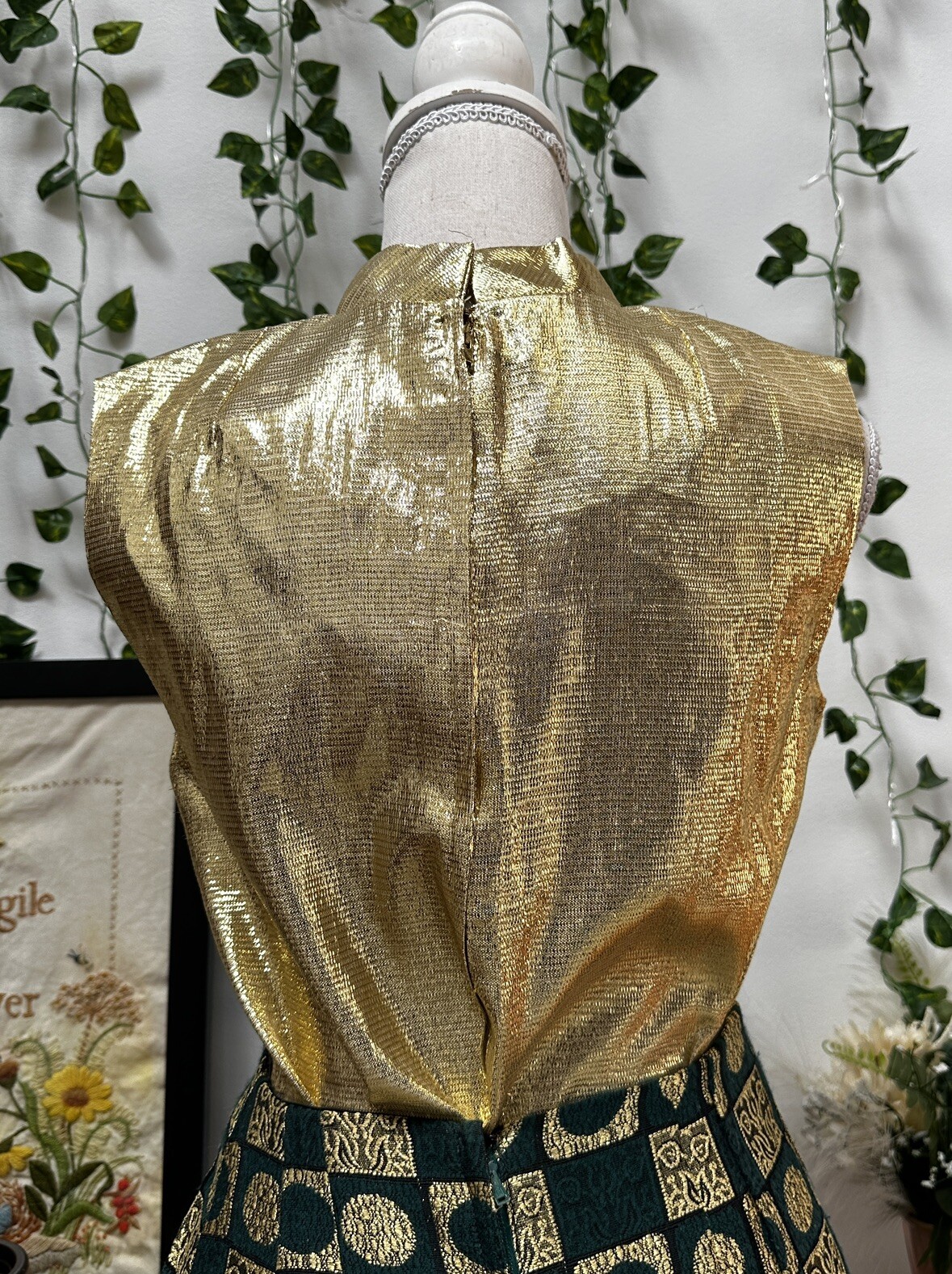 Vintage 60s Mini Dress Skirt Set Green Gold Lame Metallic Mod GoGo 2 pc XS