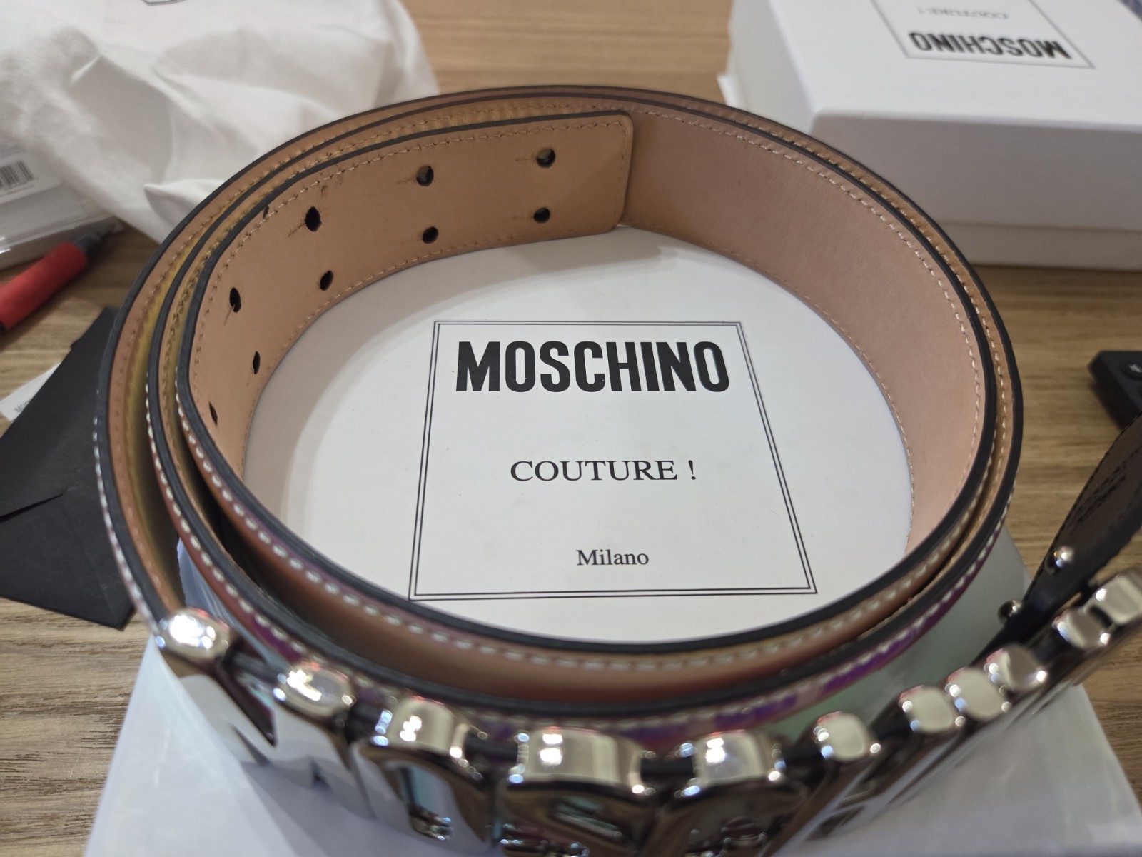Moschino Couture Logo Silver Lettering Iridescent Belt Size 58 Z2 A8023