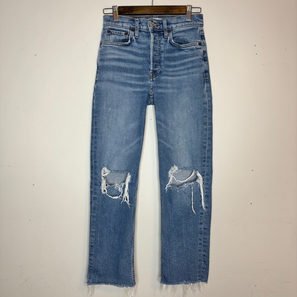 RE/DONE 70s Stove Pipe High Rise Ankle Jeans in Dusk Destroy Size 25