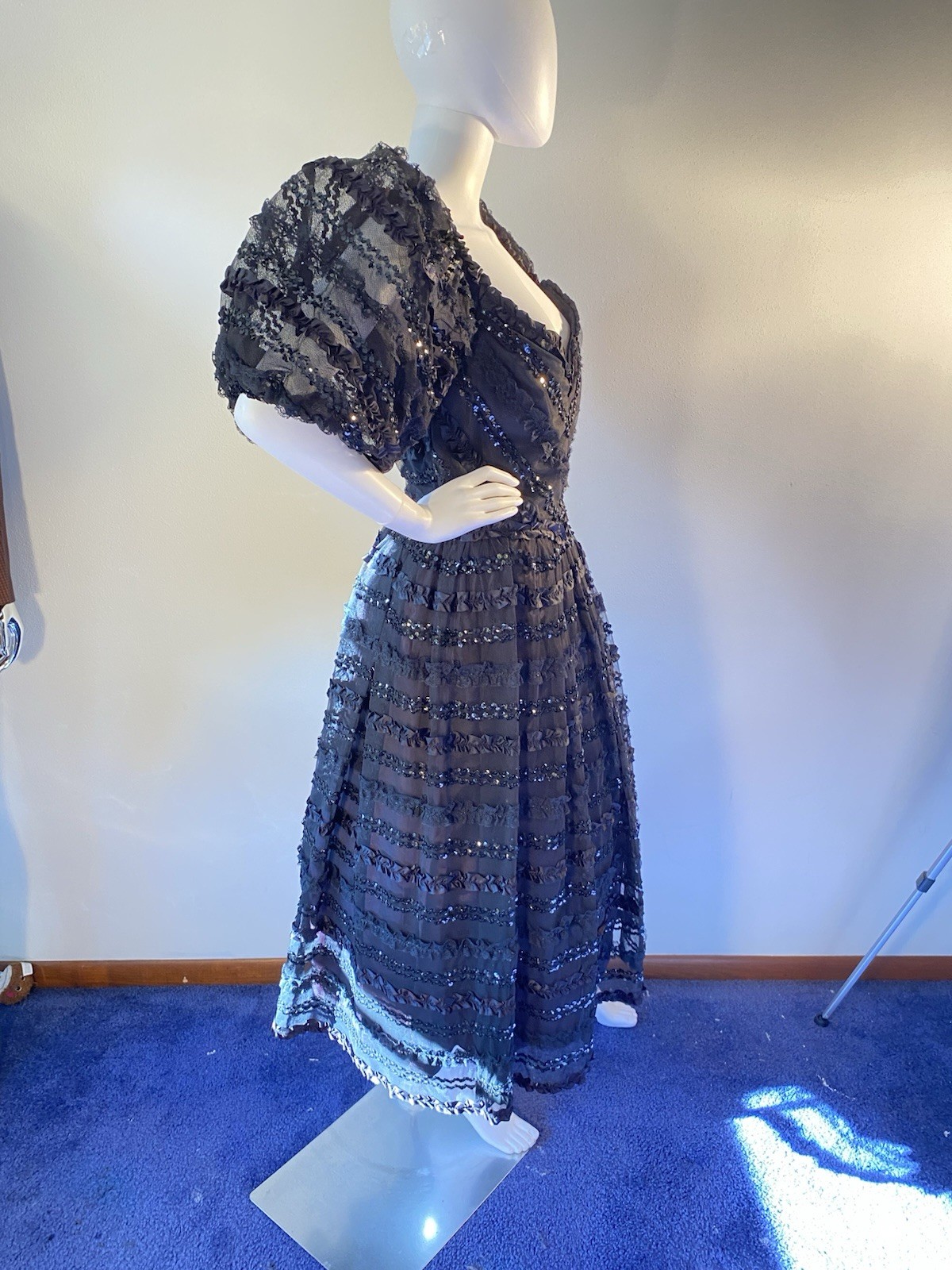 Vintage Lillie Rubin 1970’s Fit And Flair Sequin And Sheer Overlay Gown, Ex Con