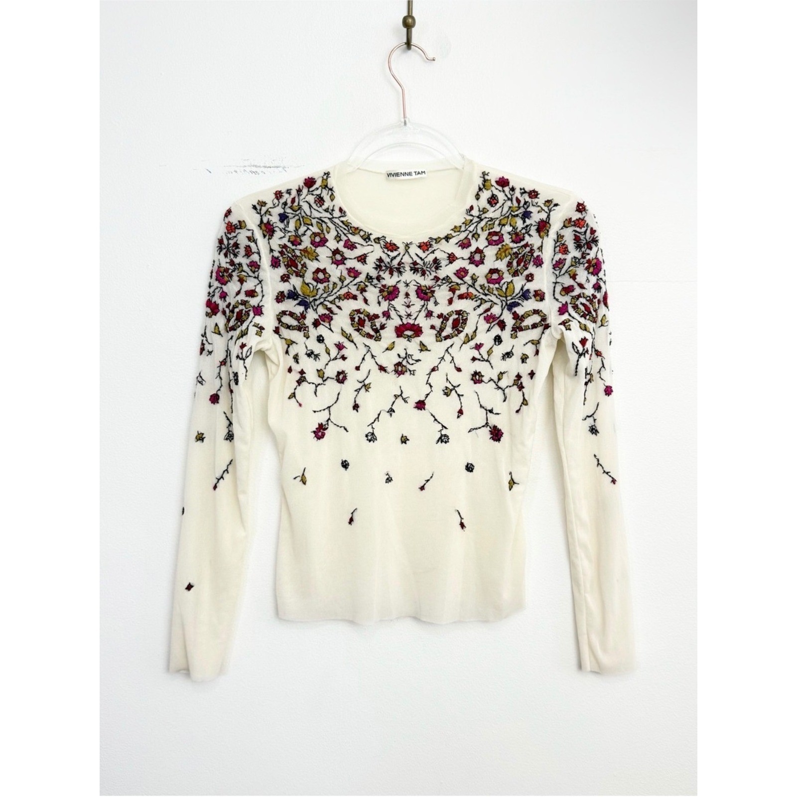 Vintage 90s Vivienne Tam Embroidered Mesh Top Sheer Floral Fairy Grunge XS S