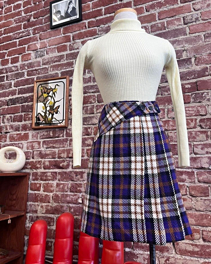 70s Vintage Ultra Mod Plaid A-Line Mini Skirt Purple Size 26.5” Waist