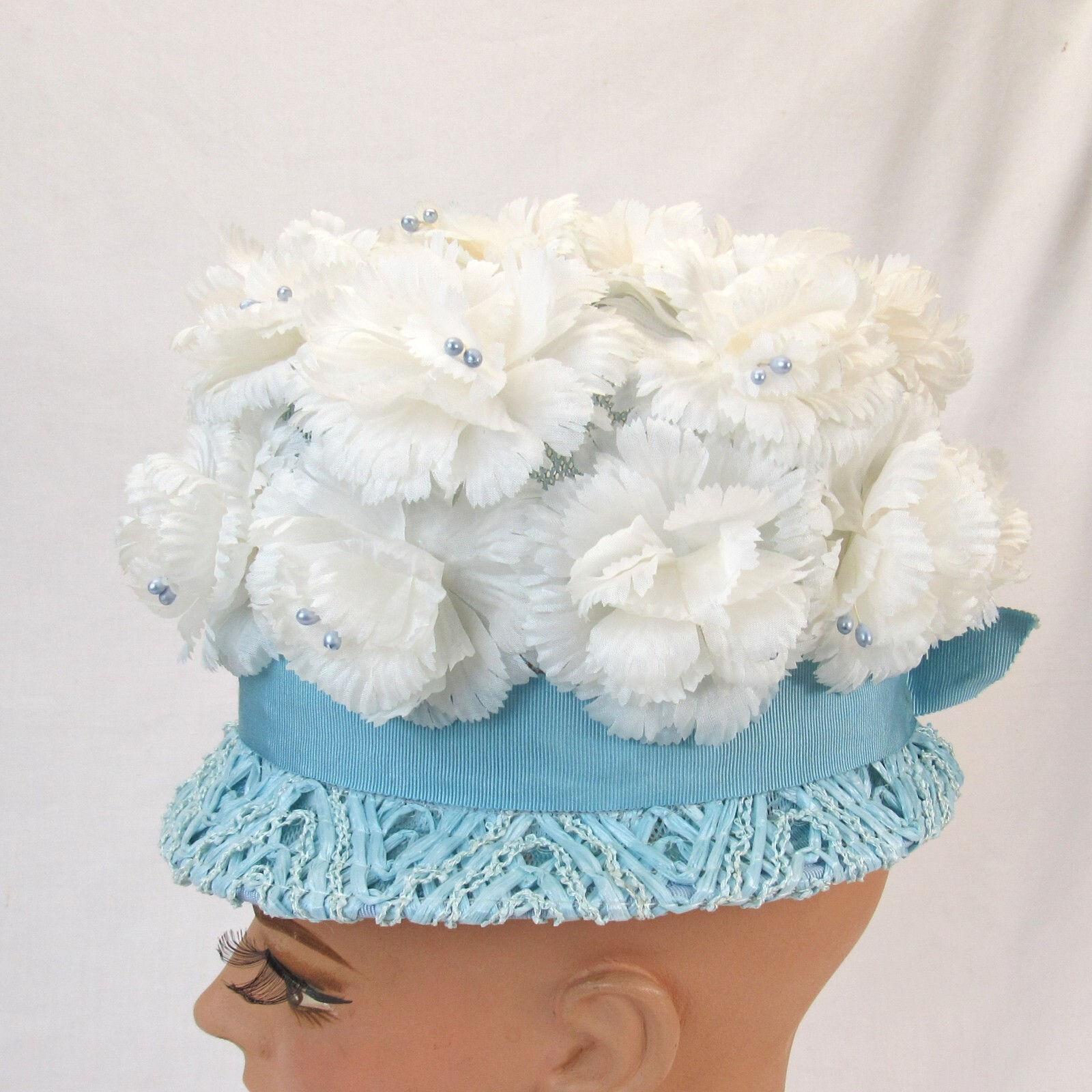 Vintage High Crown ladies Hat blue and white floral Cloche spring Easter church