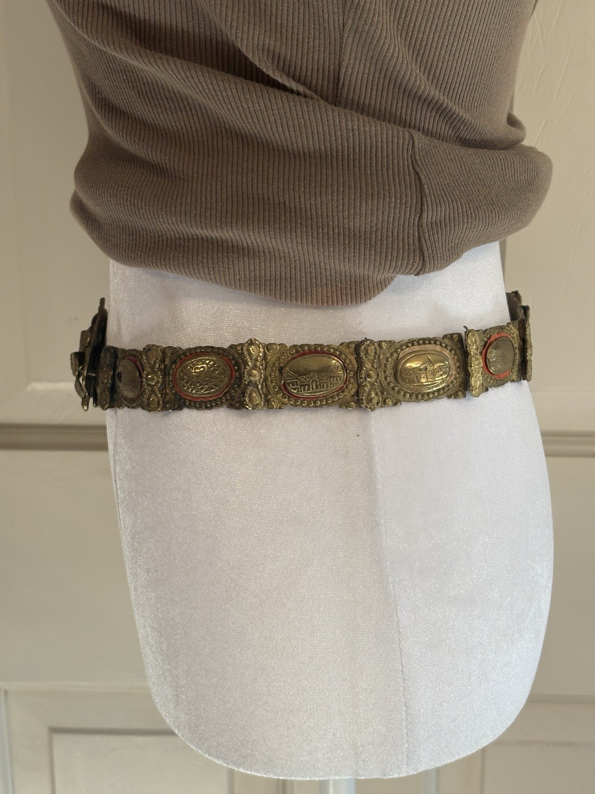 19th C Ottoman Empire Heavy Brass Belt Red Enamel Turkish Balkan Folk Art 35in