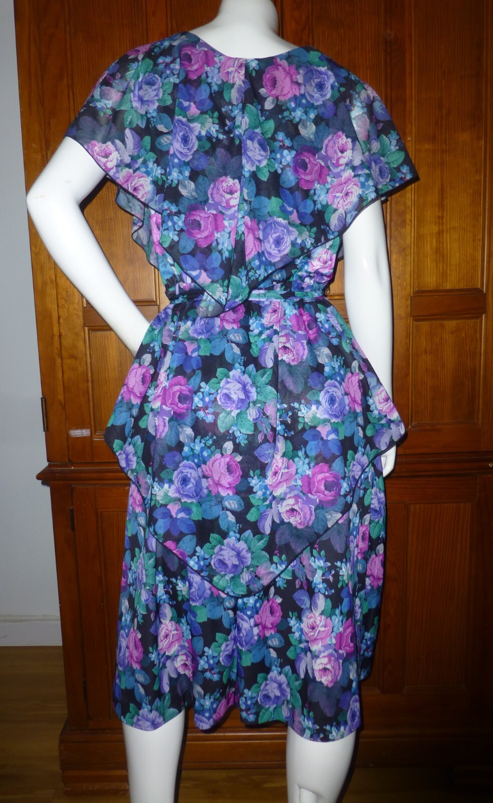 Vtg 80s Silky jersey English rose Print Cape boho Garden belted midi Dress L