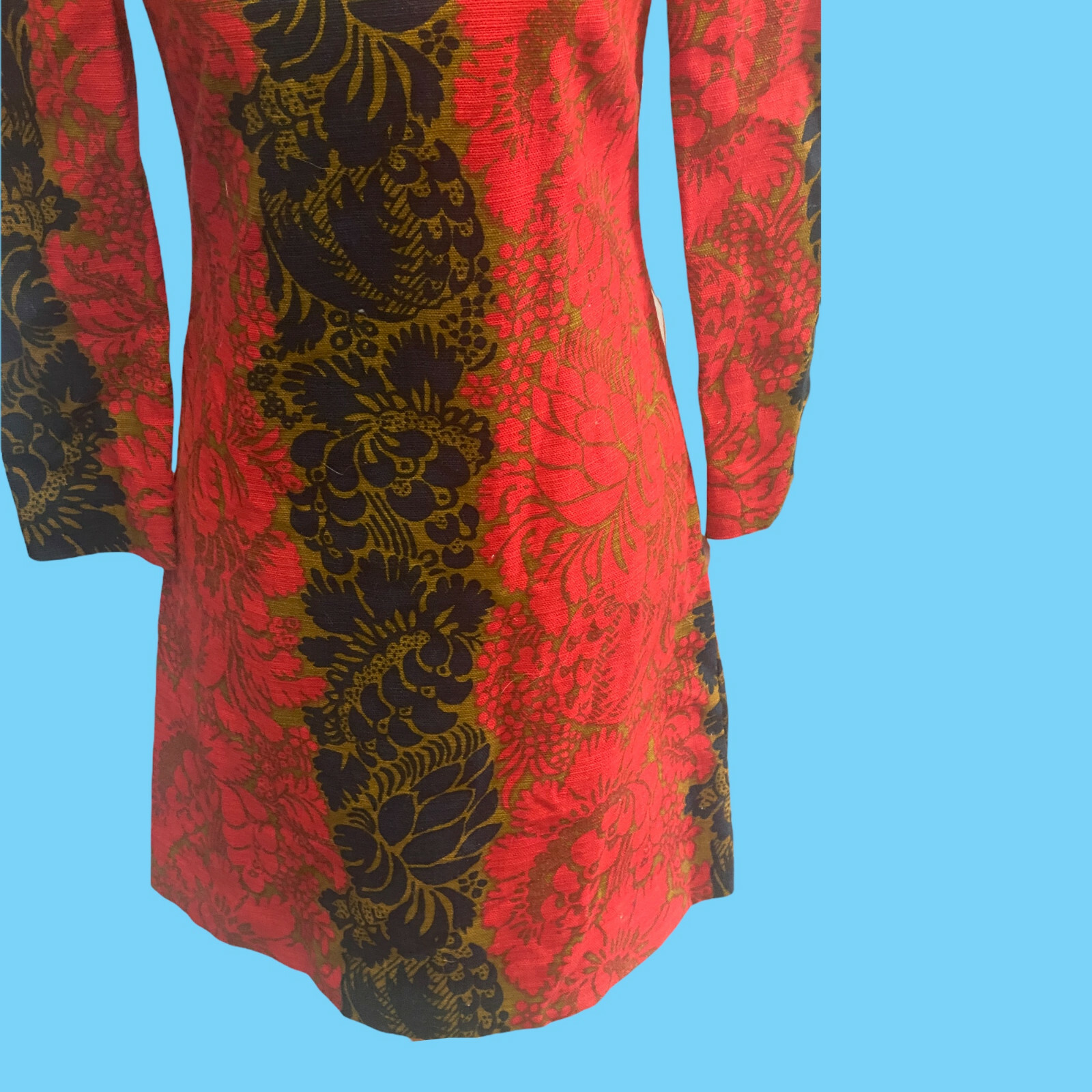 Vintage 1960s Bright Retro Pattern Lohmans Midi Dress Size 5 Red Gold Black