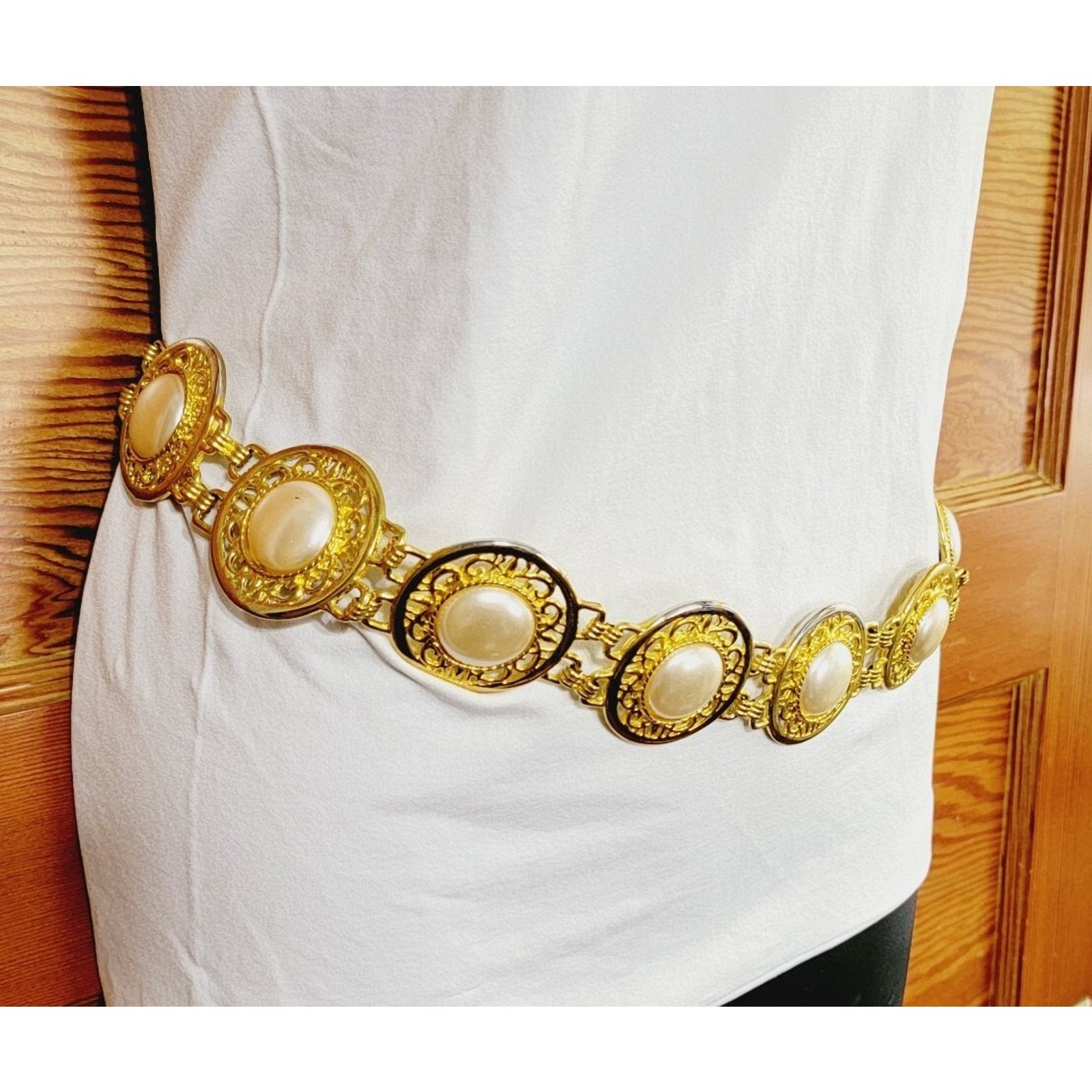 Vintage Harwill NY Ornate Faux Pearl & Gold-tone Adjustable Belt, 1980s Runway