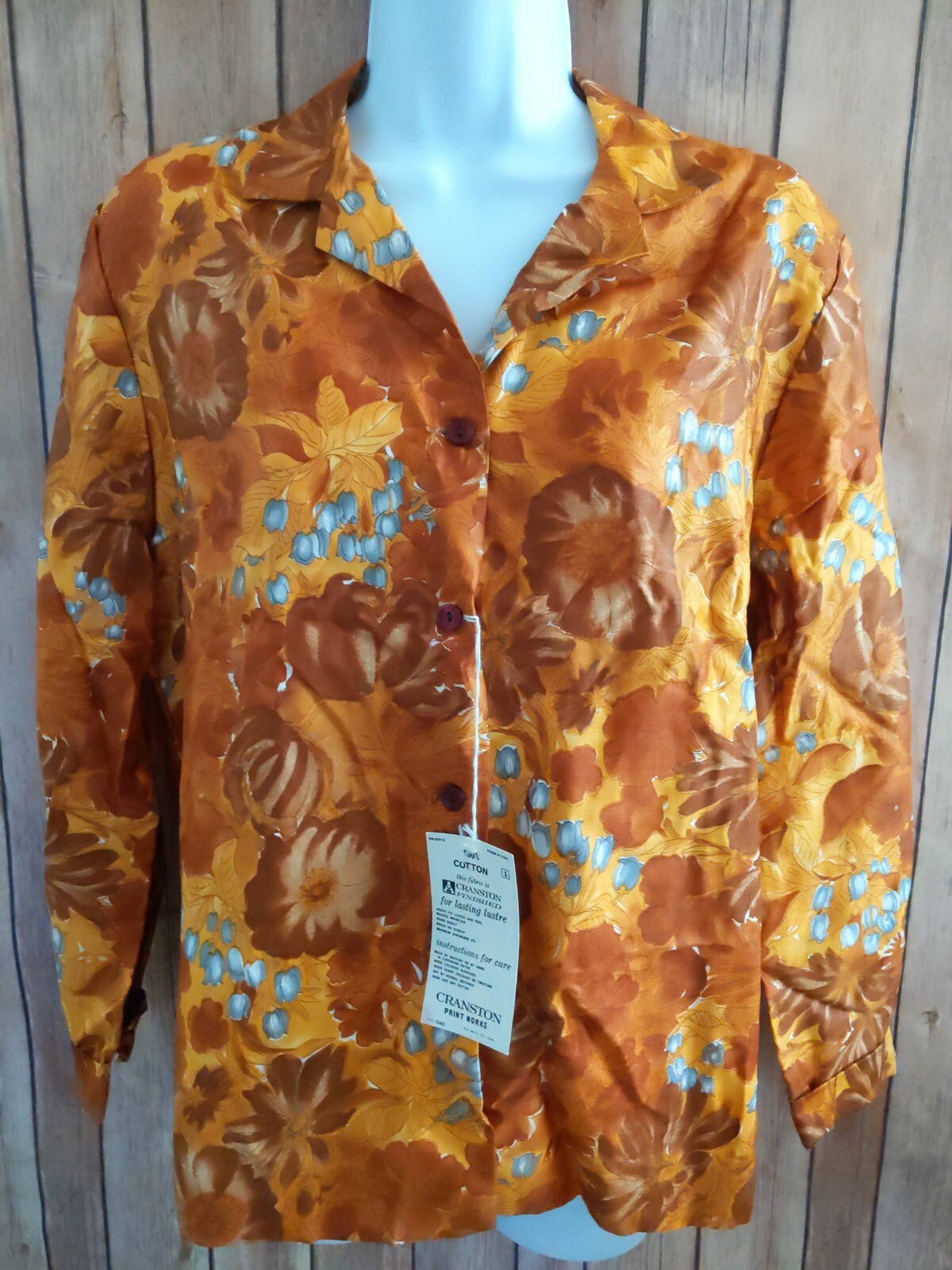 Vintage 1960s Brown Lily of the Valley Button Blouse 100% Cotton NOS Sz 36 M/L