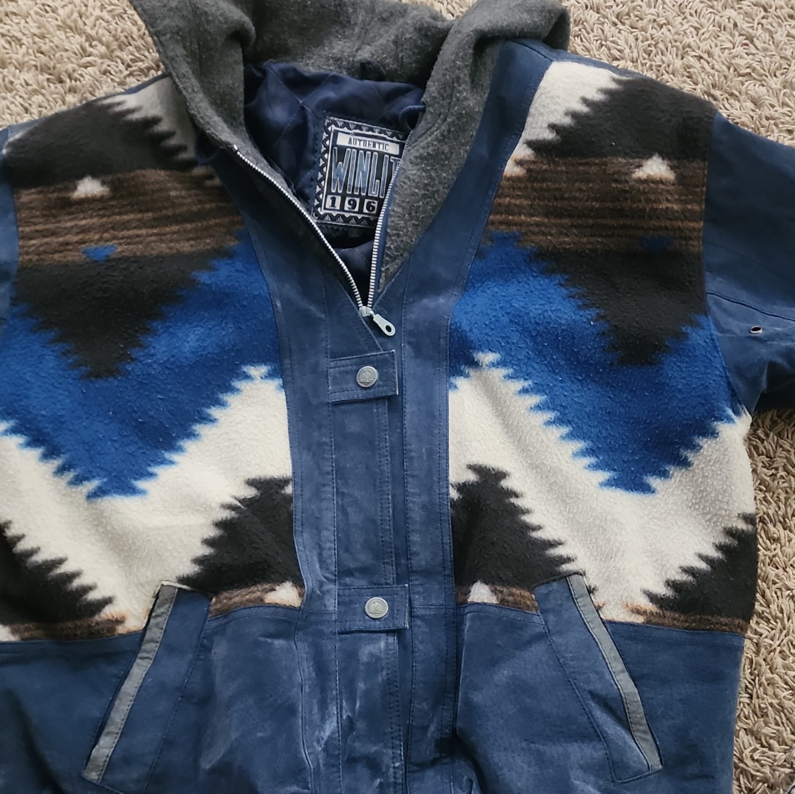 Winlit Men’s Hooded Full Zip Suede Overcoat Jacket Geometric Blue Multi Size M