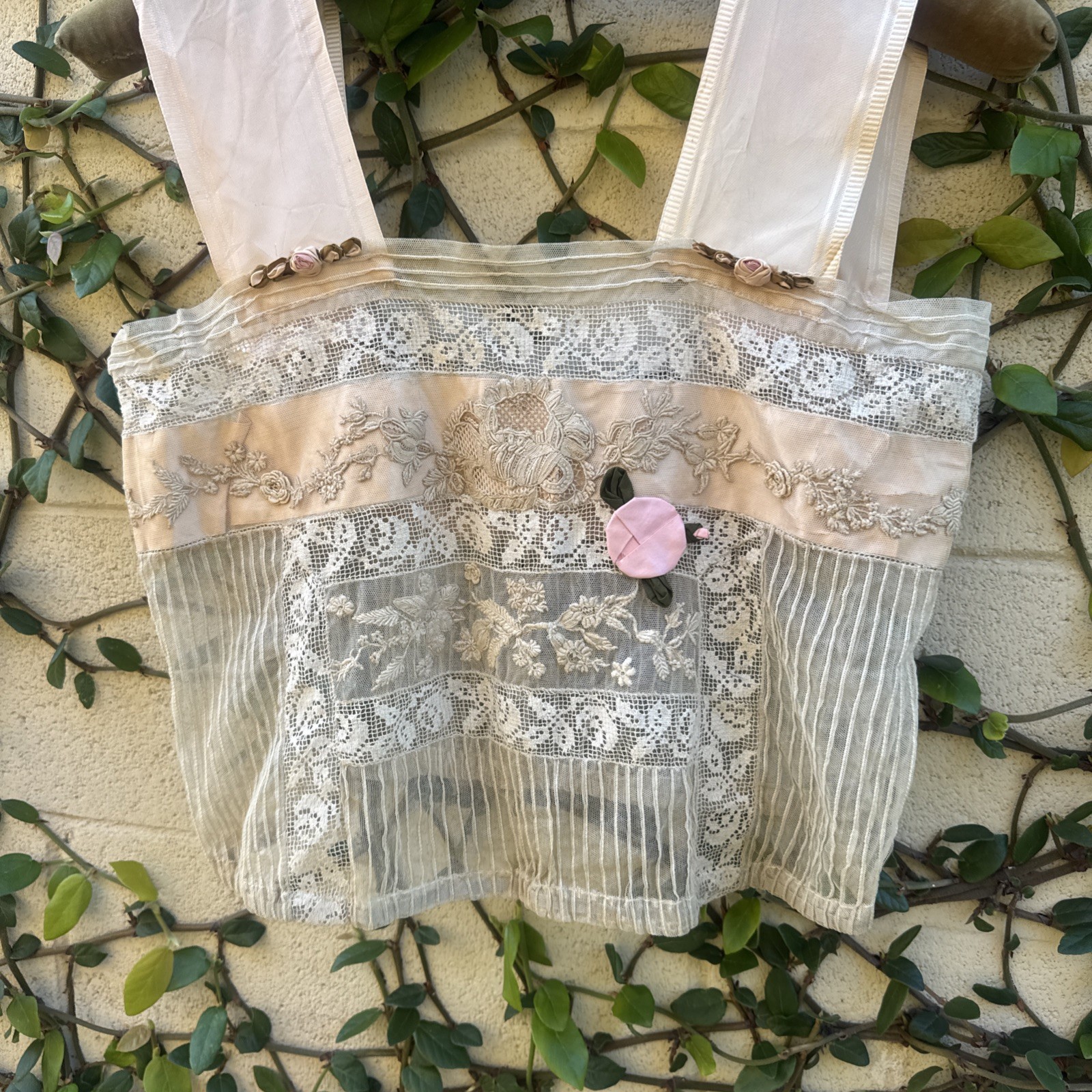 Antique Edwardian Mixed Net Lace Camisole Silk Flowers Dress Blouse Vintage