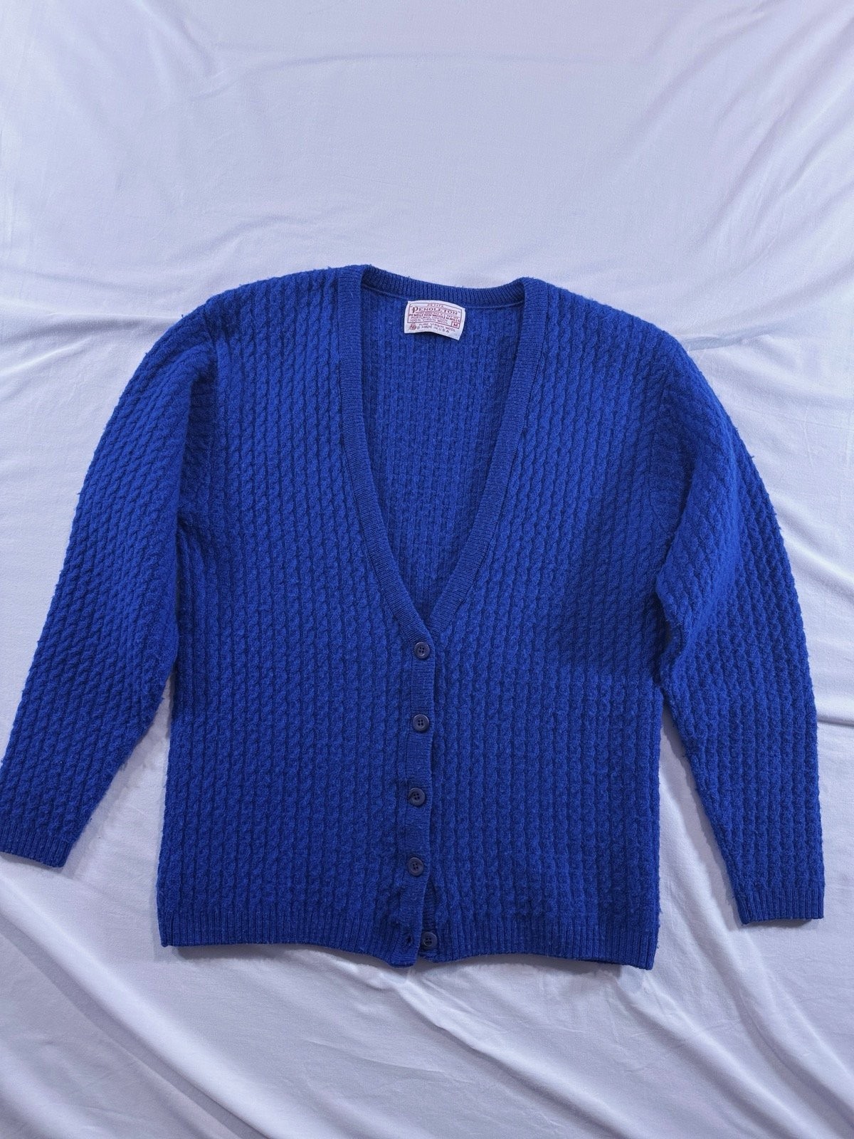 VTG Pendleton 1980 Petite Cobalt Blue Wool Cable-knit Cardigan Sweater USA M