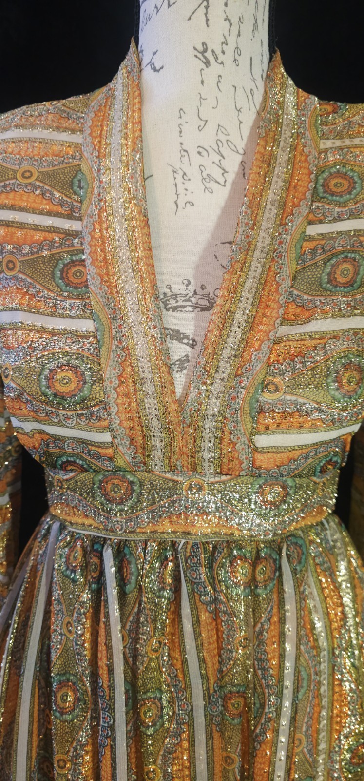 Vintage ILGWU Metallic Lurex Silk Psychedelic Hostess Boho Empire Dress 60s