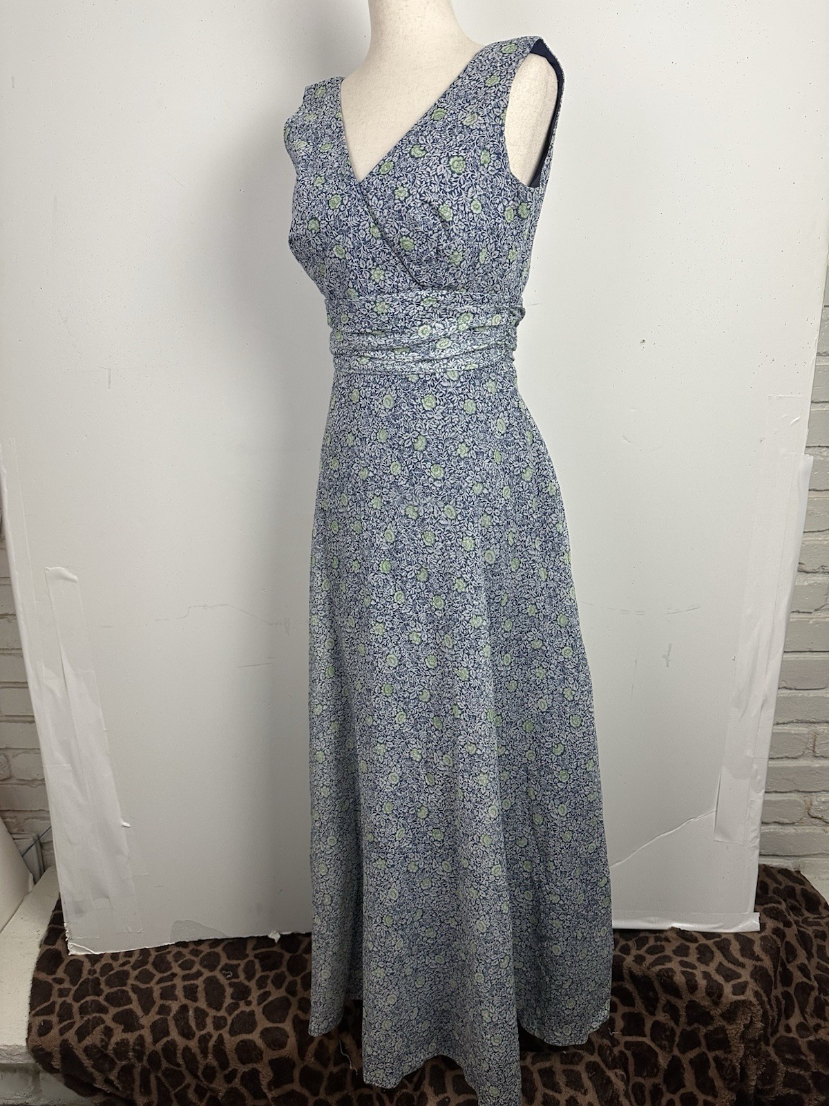 Vtg Miss Elliette Maxi Dress Garden Party Blue Floral Cottage 60s 70s Boho XS