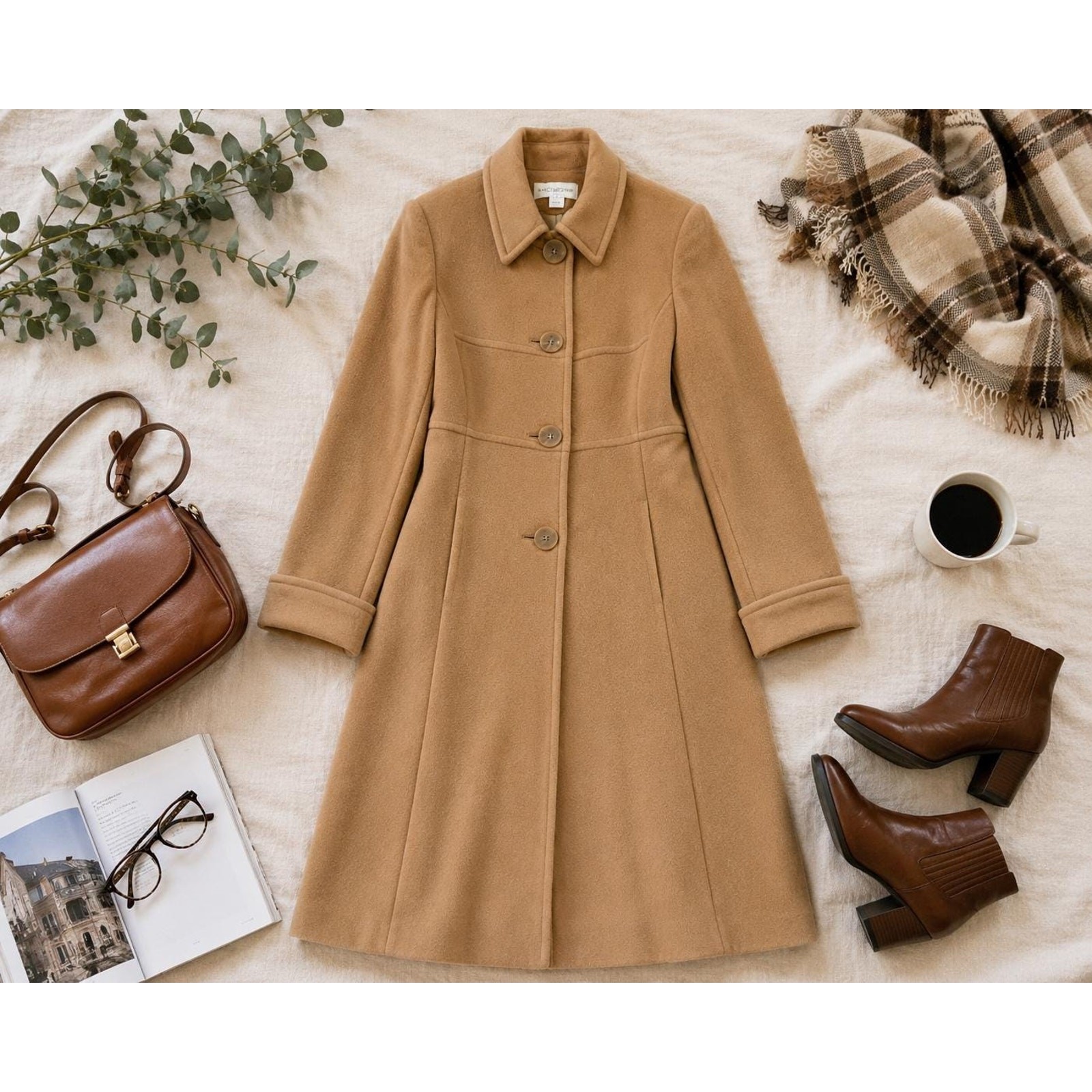 Vintage Liz Claiborne Camel Wool Coat | Size 4 Minimalist Long Outerwear