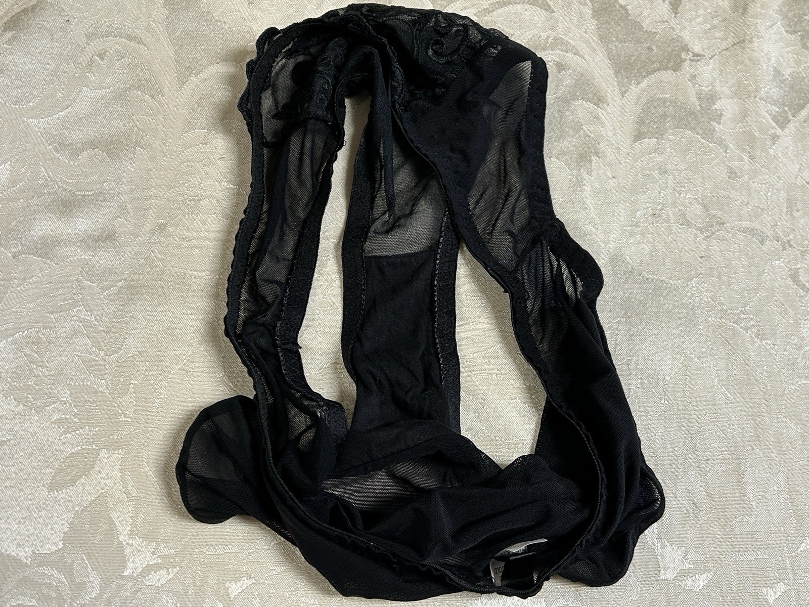 Vtg DONNA LOREN 2698X Embroidered Sheer Mesh Hi-Cut Sz 10 Black Panties #216
