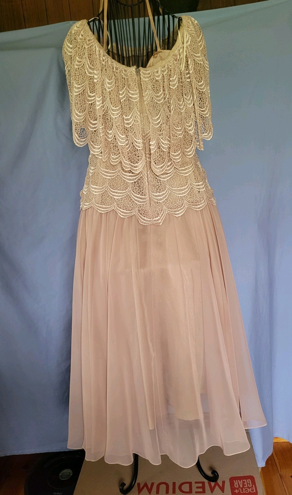 Vtg 80s Dress Sz 14 Sheer Chiffon Lace Prom, Cocktail, Formal Gown & Slip