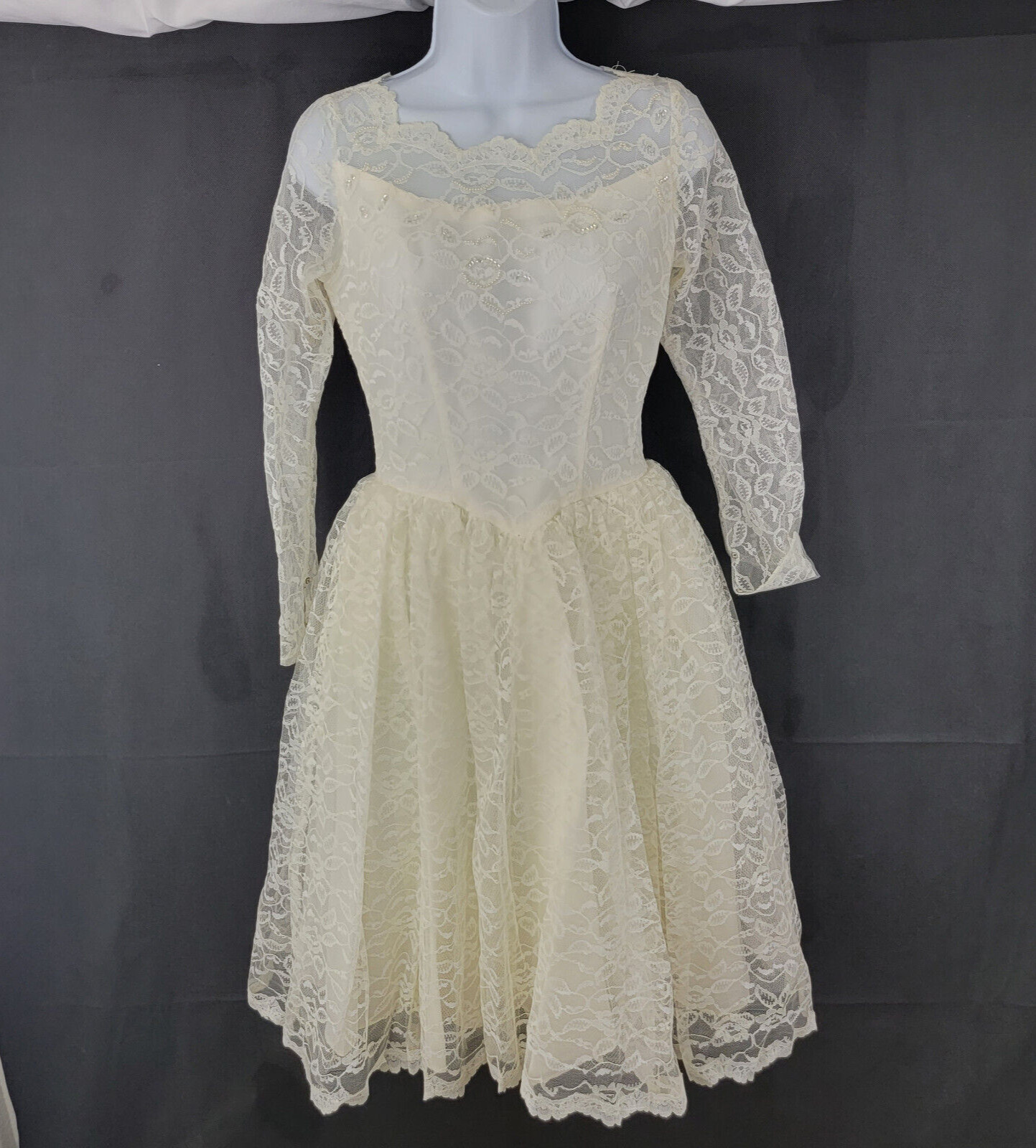 CAROL BRENT Womens Dress Sz SMALL? Lace IVORY Wedding Cocktail Bow Prom VTG 60s