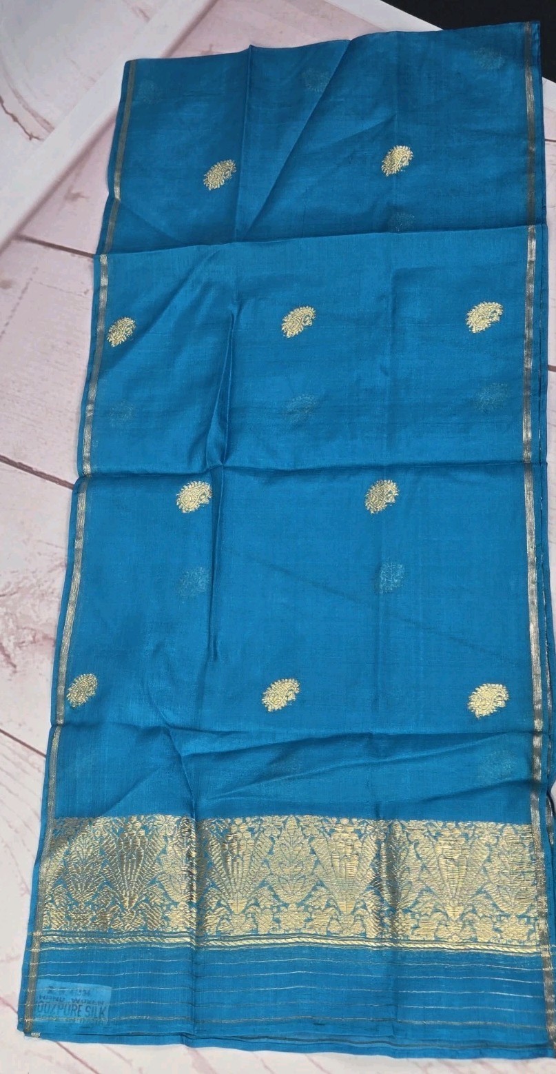 Hand Woven 100% Pure Silk TOURQOUISE GOLD Made in India Saree Scarf @ 45″ x 10″