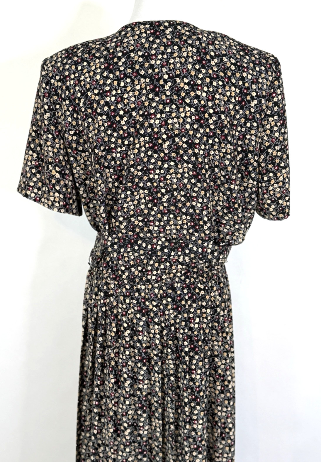 Leslie Fay Womans Size 14 Dress Floral Black Vintage Belted Midi Modest Classic