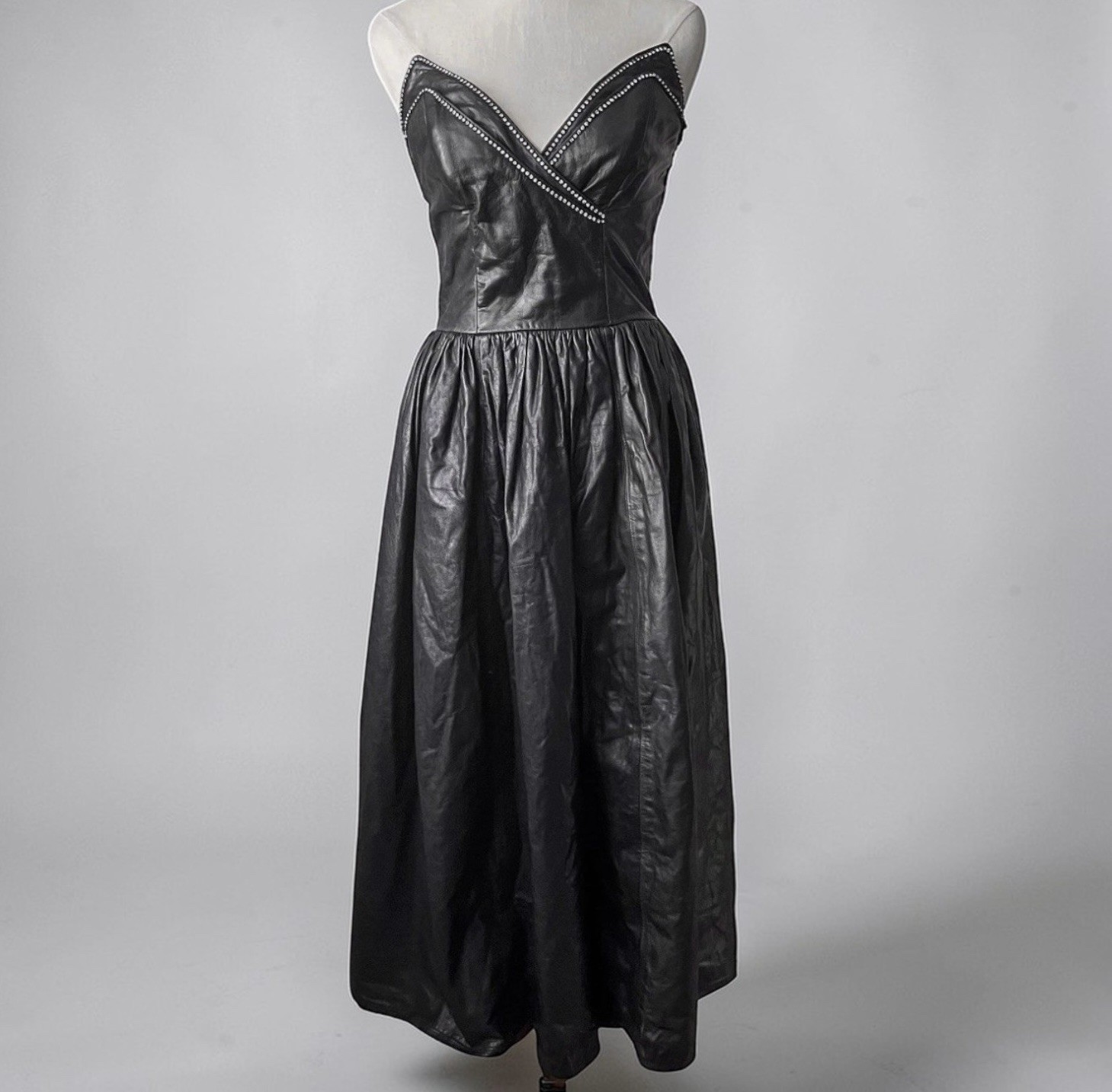 Vintage 1980s Strapless Black Leather Dress – Rhinestone Studded Glam Rock Party