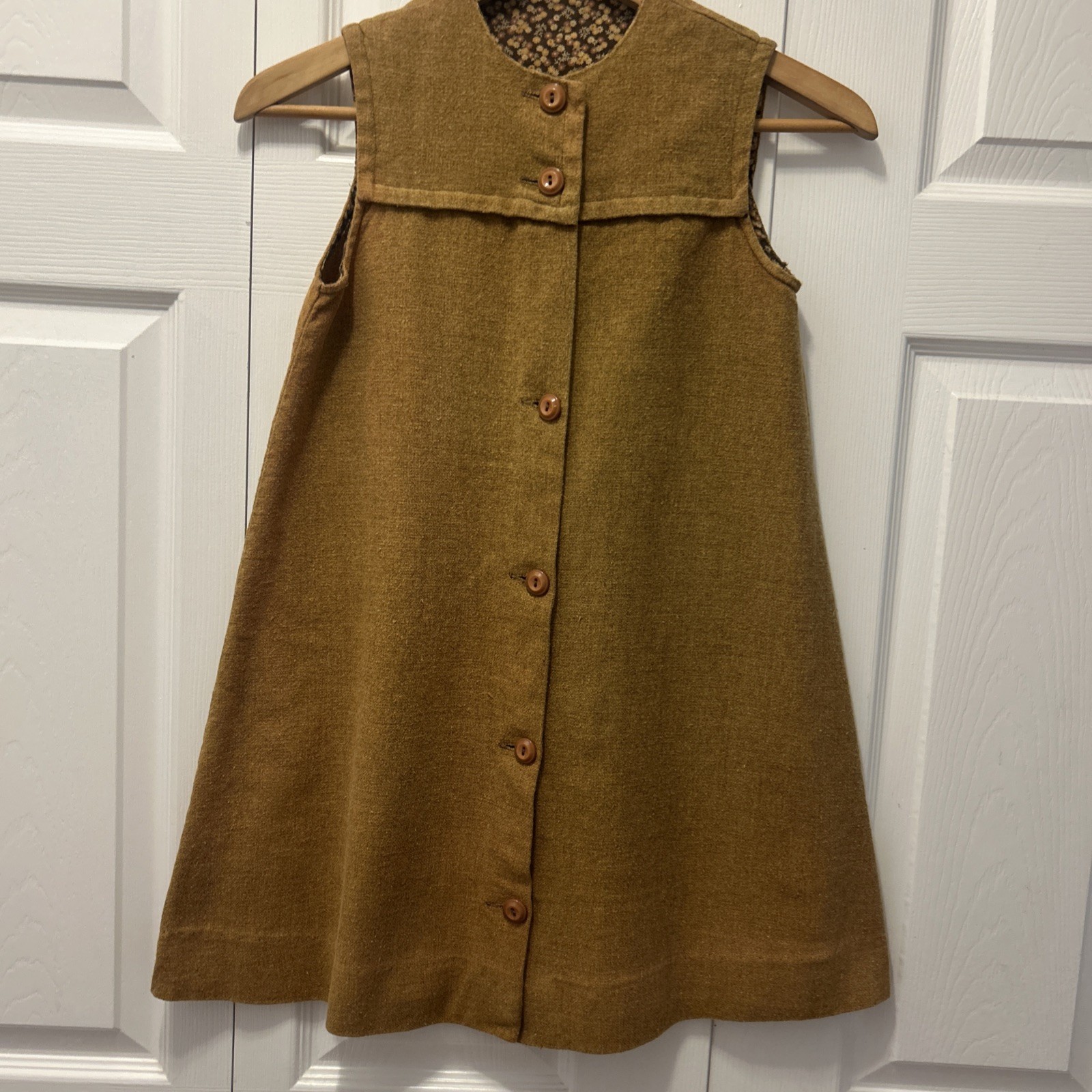 Vintage 1960’s Girl’s Brown Cotton/Linen Button Up Dress Size-M Rustic Farm