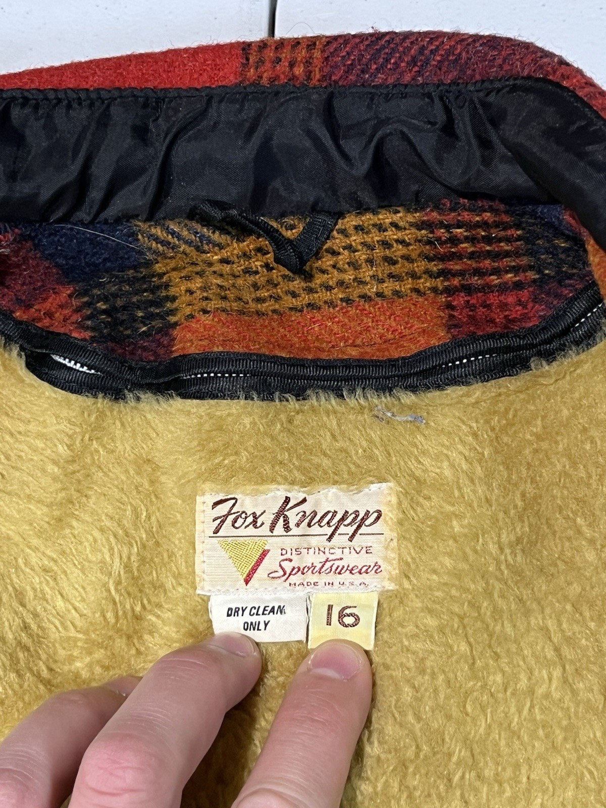 vtg 1970s Fox Knapp WOOL coat jacket SHERPA LINED orange plaid USA MADE women 16