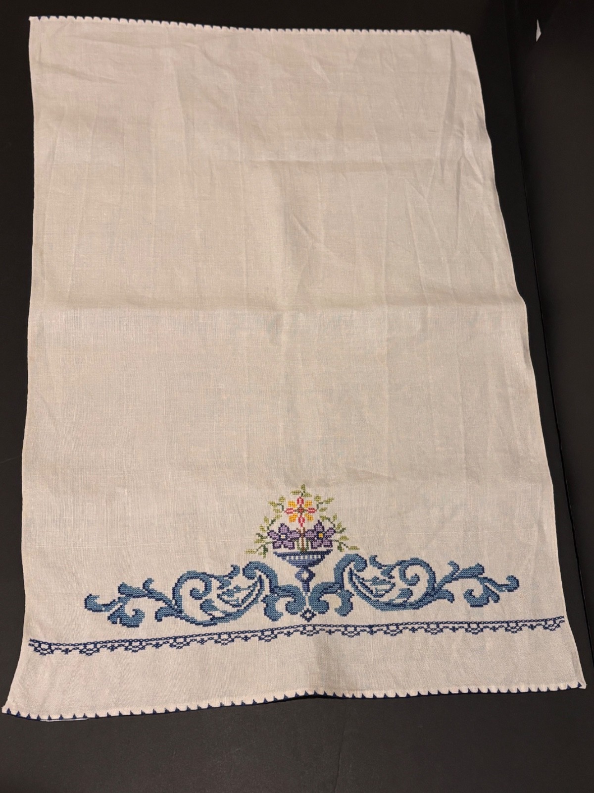 Vintage Cotton Linen blend fine cross stitch embroidered Hand towel