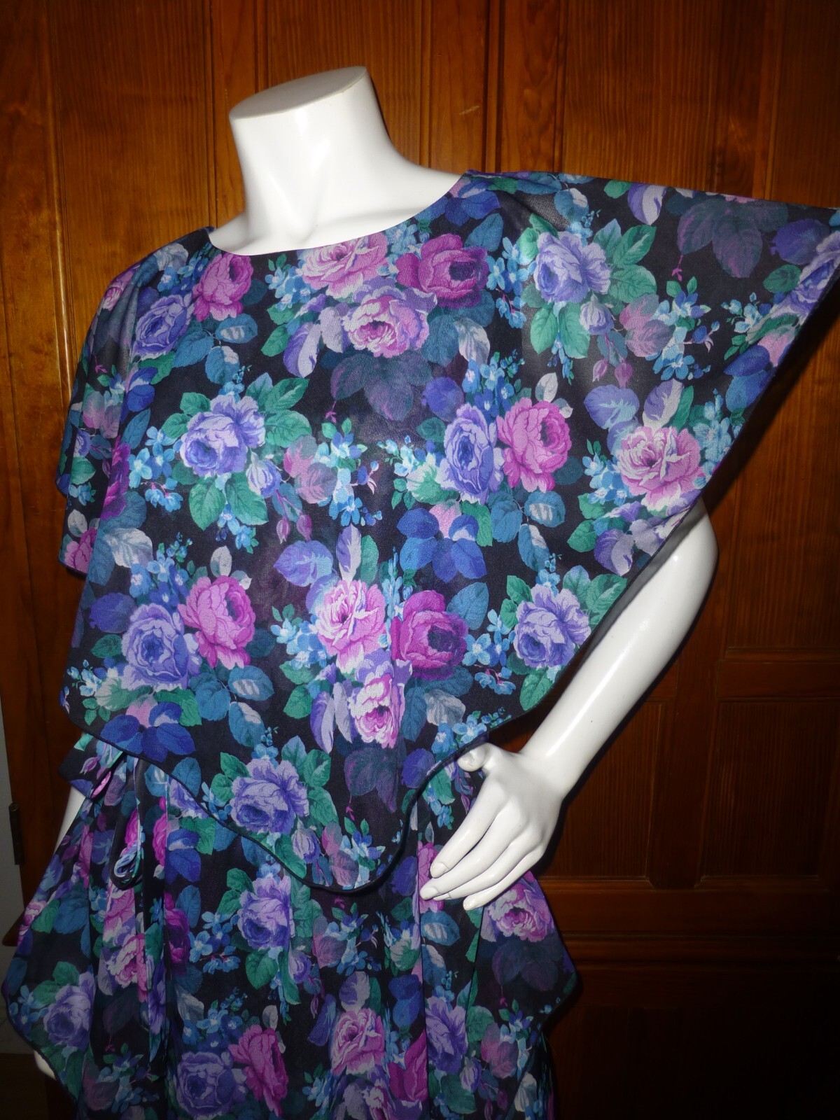 Vtg 80s Silky jersey English rose Print Cape boho Garden belted midi Dress L