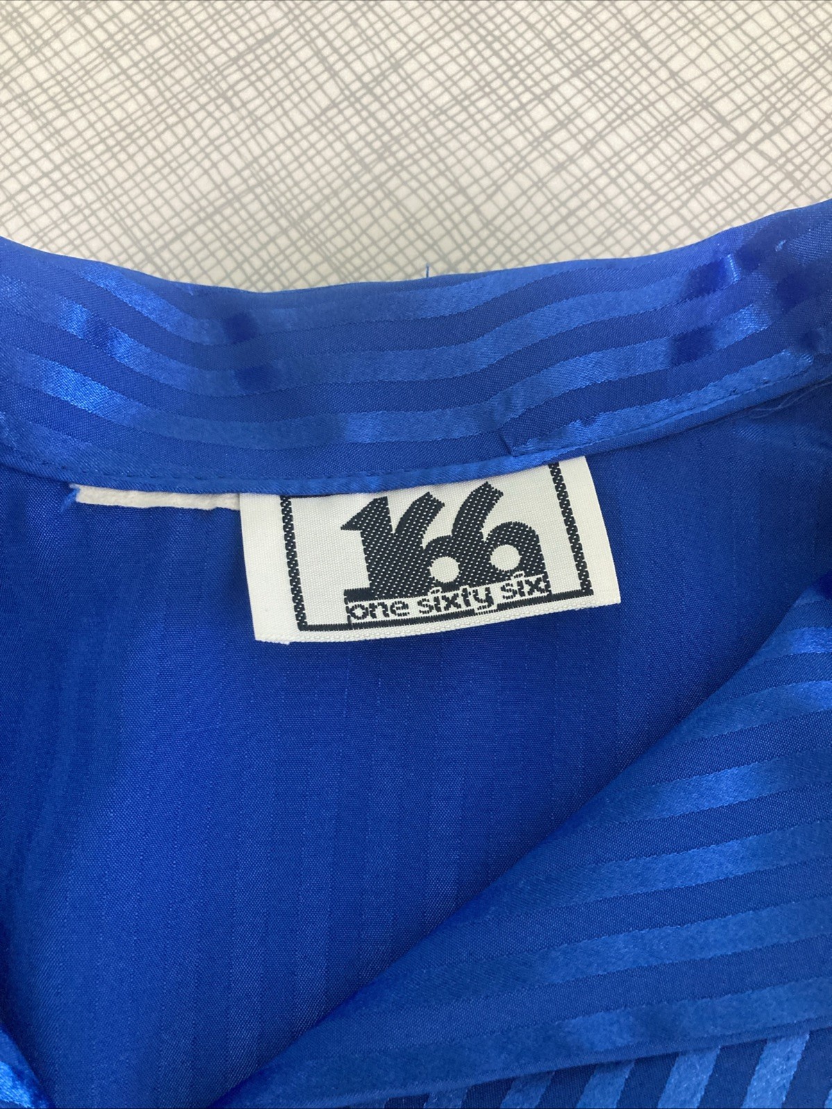 Vintage 80s 166 Royal Blue Silky Satin Secretary Blouse Button Up Top 3/4 Sleeve