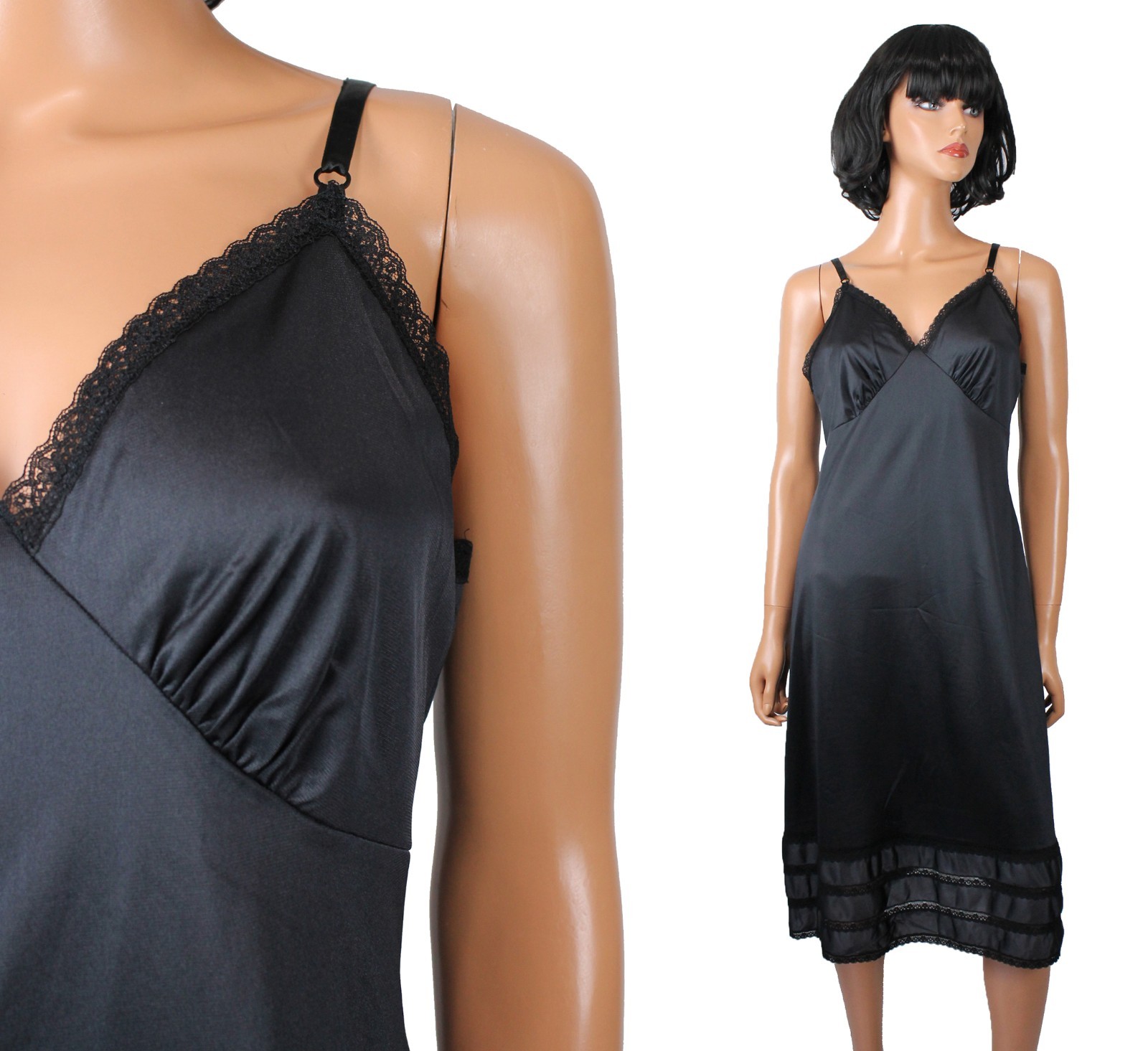 70s Full Slip 38 Vintage Sears Black Lace Trim Tiered Snip It Hem Dress Slip