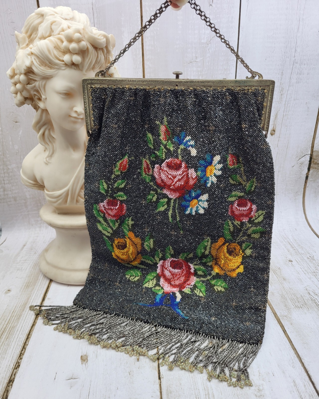 Large 13″ Antique Art Nouveau Floral Beaded Purse Handbag