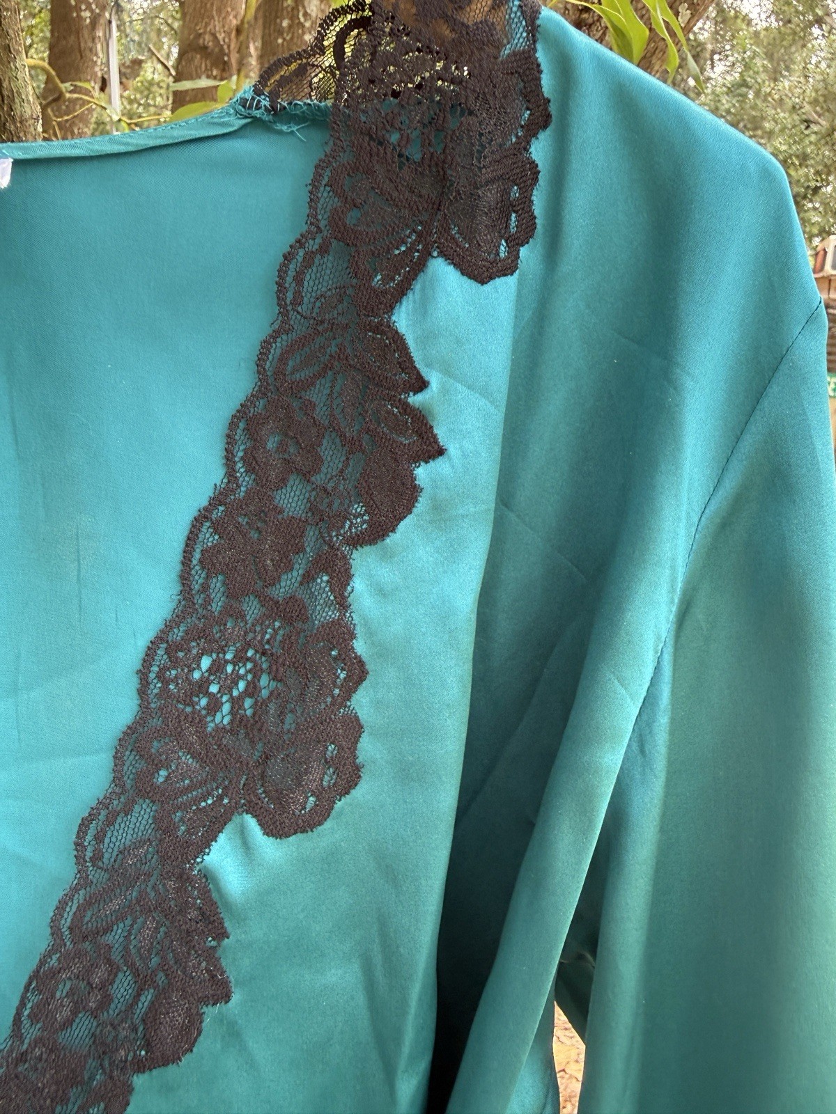 Vintage Frederick’s Silk Collection 100% Silk Wrap Blouse M Teal Lace Soft Boho